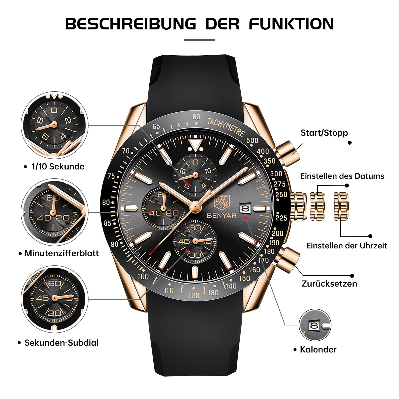 Foto 6 | Reloj By Benyar Cronógrafo Analógico De Cuarzo Impermeable Para Hombre - Venta Internacional.