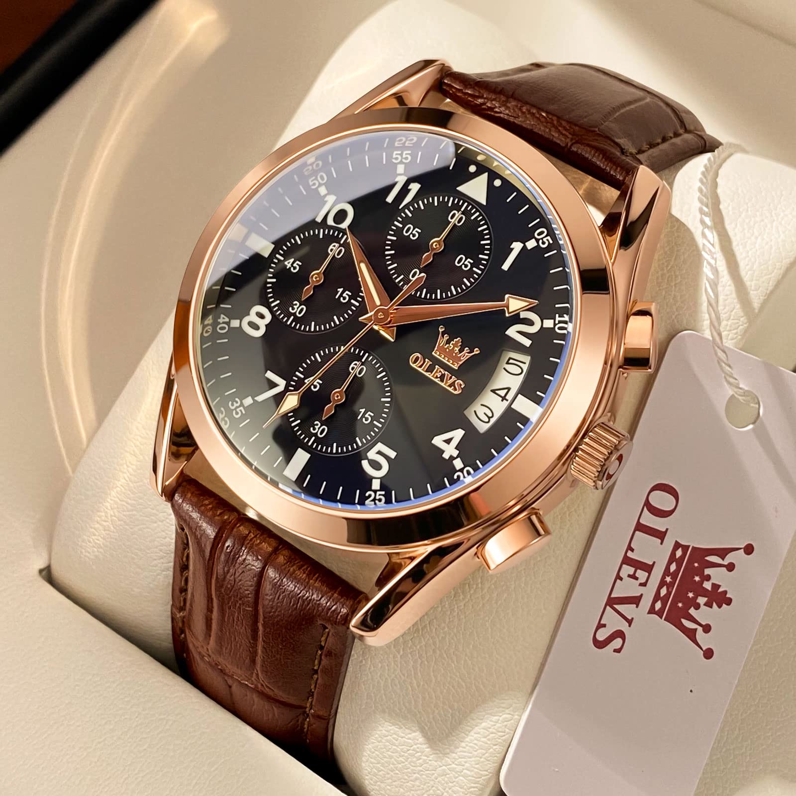 Foto 4 pulgar | Reloj Olevs De Cuero Marrón Para Hombre Con Cronógrafo Y Fecha - Venta Internacional.