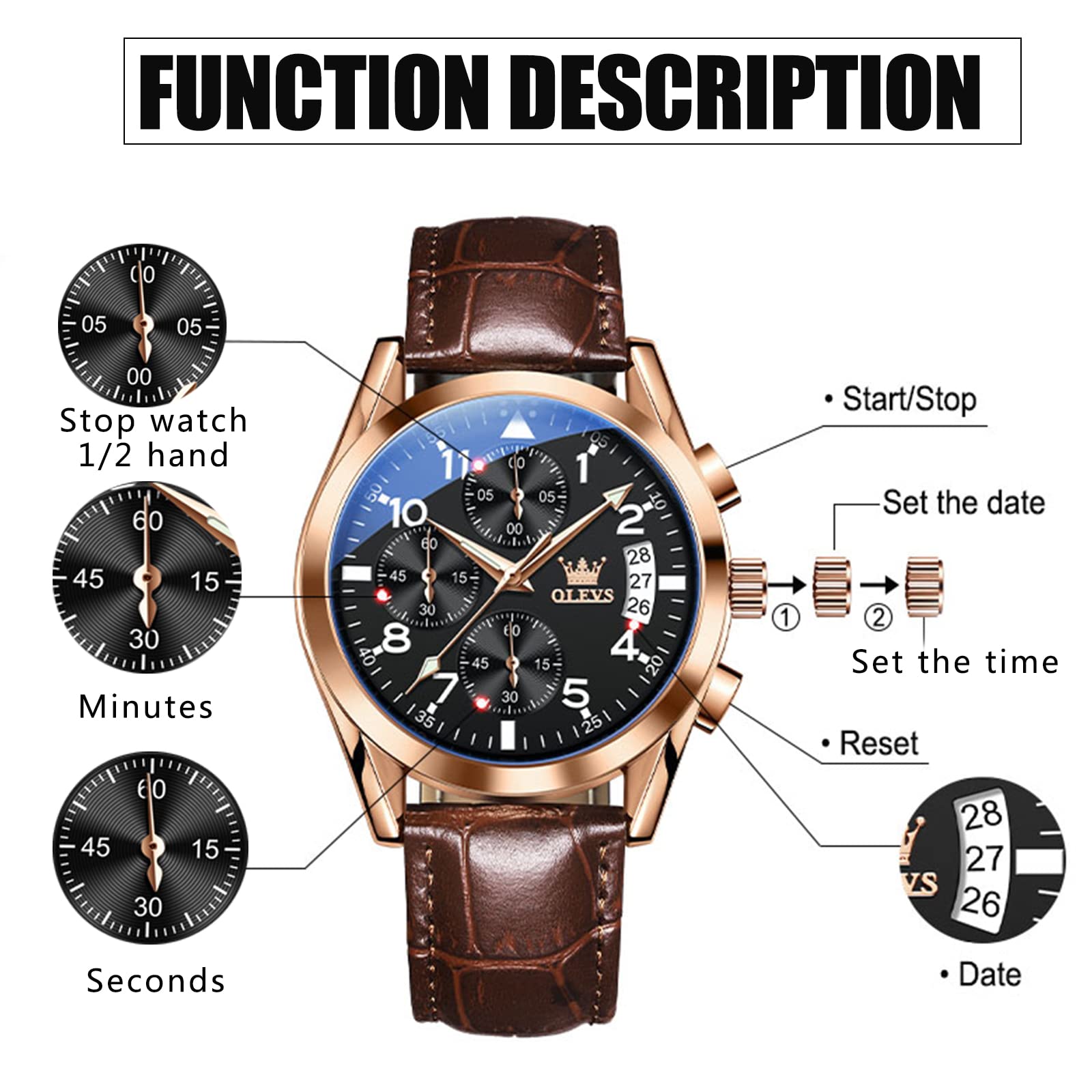 Foto 6 pulgar | Reloj Olevs De Cuero Marrón Para Hombre Con Cronógrafo Y Fecha - Venta Internacional.
