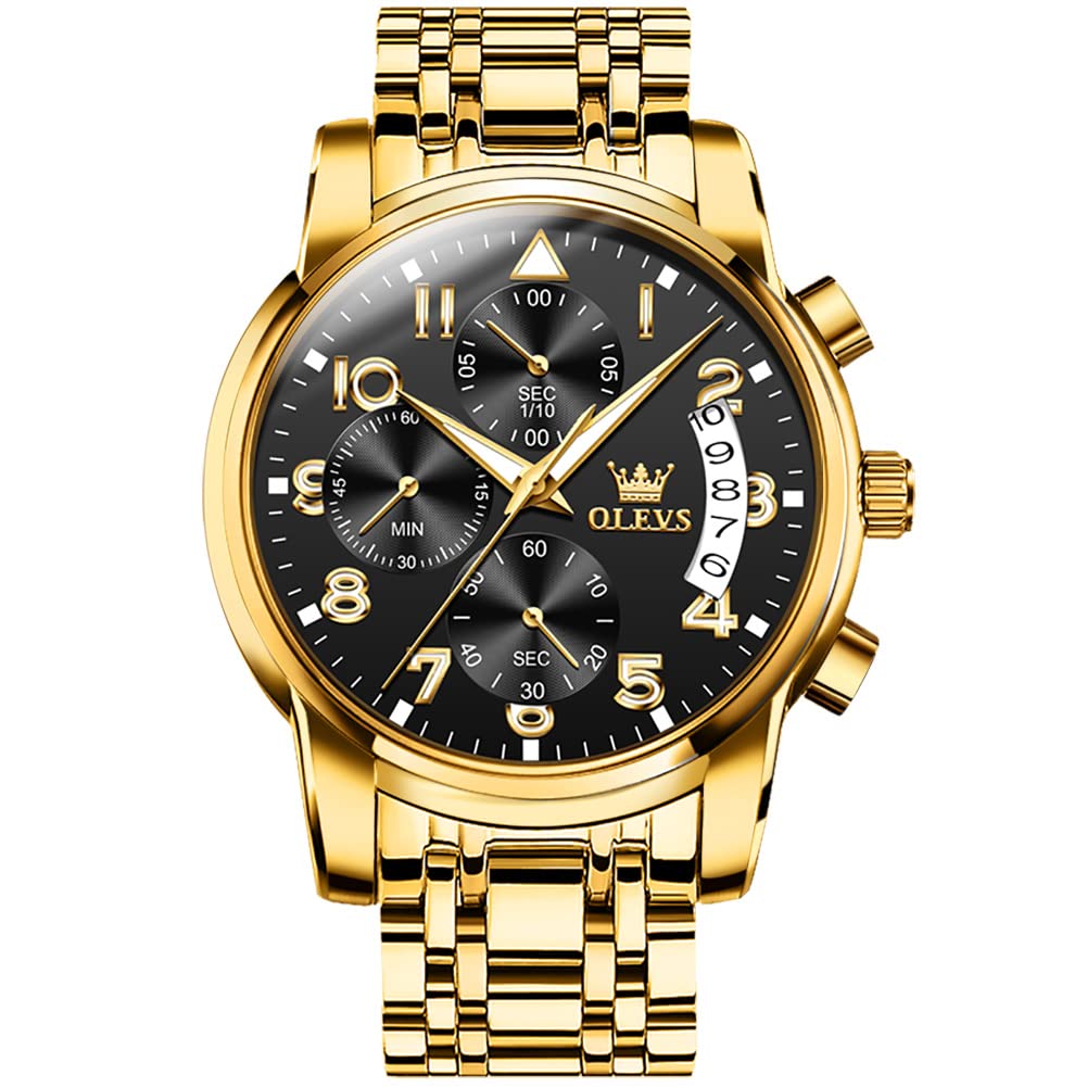 Foto 1 | Reloj Olevs Con Correa De Acero Inoxidable Para Hombre, Cronógrafo Y Bisel Dorado - Venta Internacional.