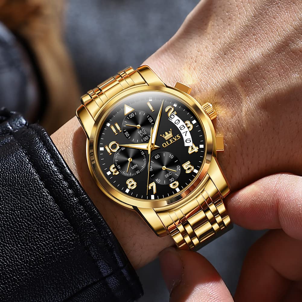 Foto 2 | Reloj Olevs Con Correa De Acero Inoxidable Para Hombre, Cronógrafo Y Bisel Dorado - Venta Internacional.