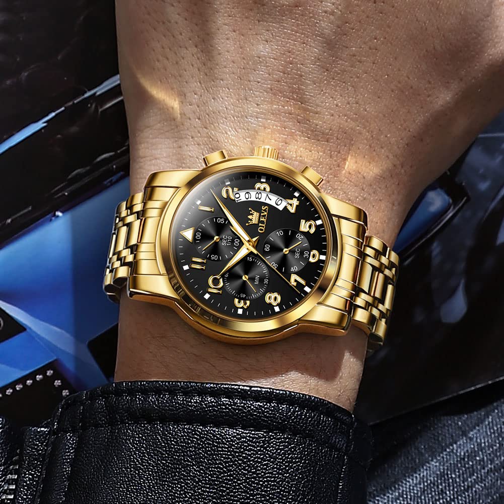 Foto 4 pulgar | Reloj Olevs Con Correa De Acero Inoxidable Para Hombre, Cronógrafo Y Bisel Dorado - Venta Internacional.