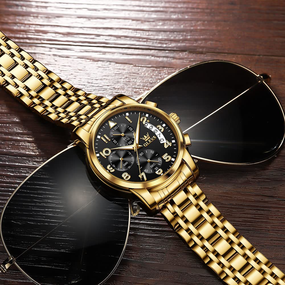 Foto 5 pulgar | Reloj Olevs Con Correa De Acero Inoxidable Para Hombre, Cronógrafo Y Bisel Dorado - Venta Internacional.