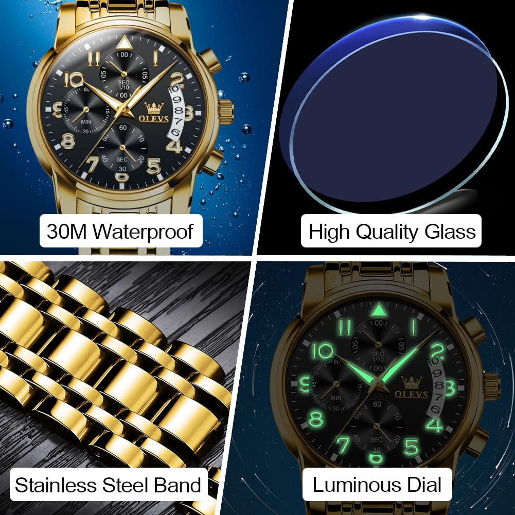 Foto 6 pulgar | Reloj Olevs Con Correa De Acero Inoxidable Para Hombre, Cronógrafo Y Bisel Dorado - Venta Internacional.