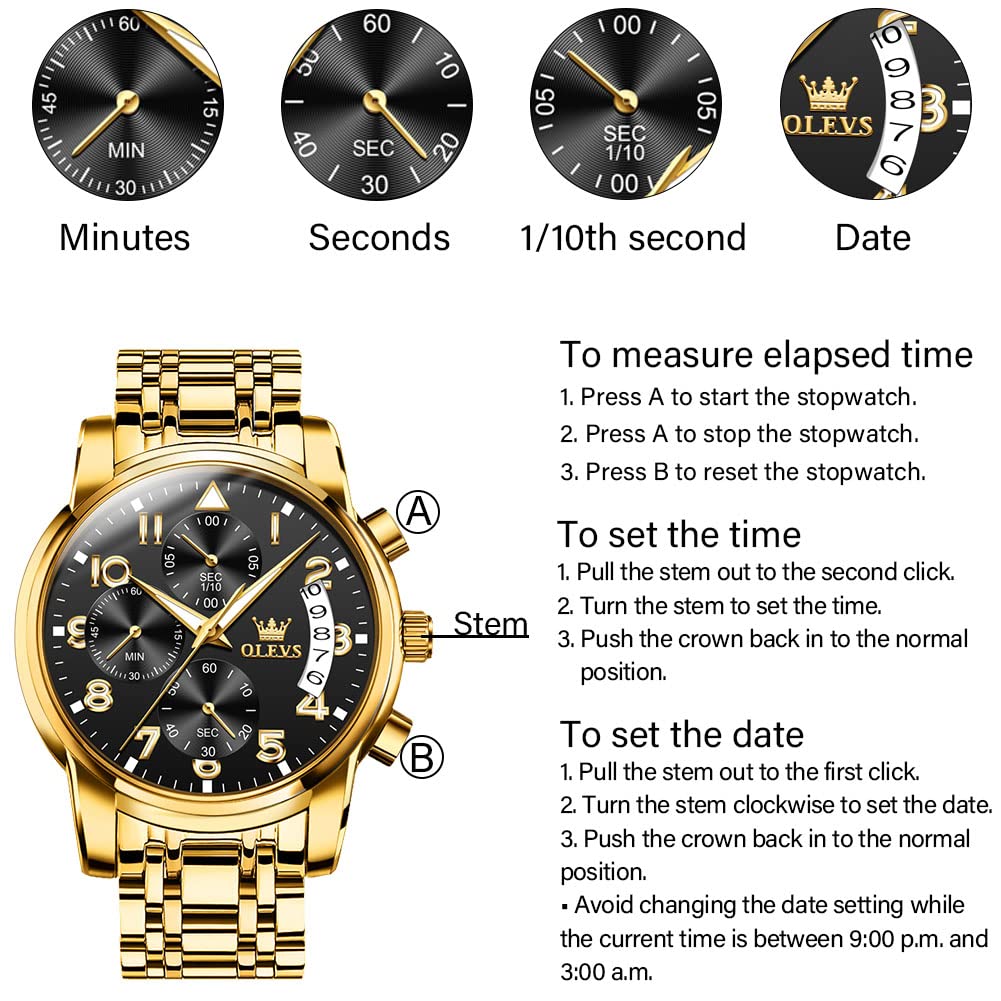 Foto 7 pulgar | Reloj Olevs Con Correa De Acero Inoxidable Para Hombre, Cronógrafo Y Bisel Dorado - Venta Internacional.