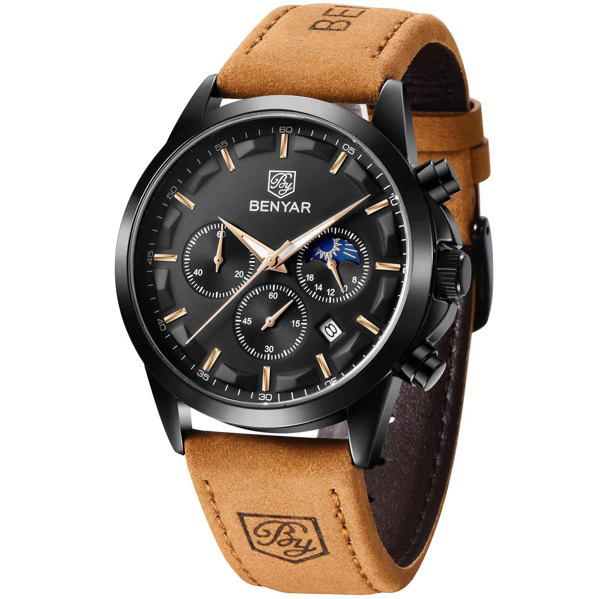 Reloj By Benyar Chronograph Waterproof Para Hombre En Piel Marrón - Venta Internacional.