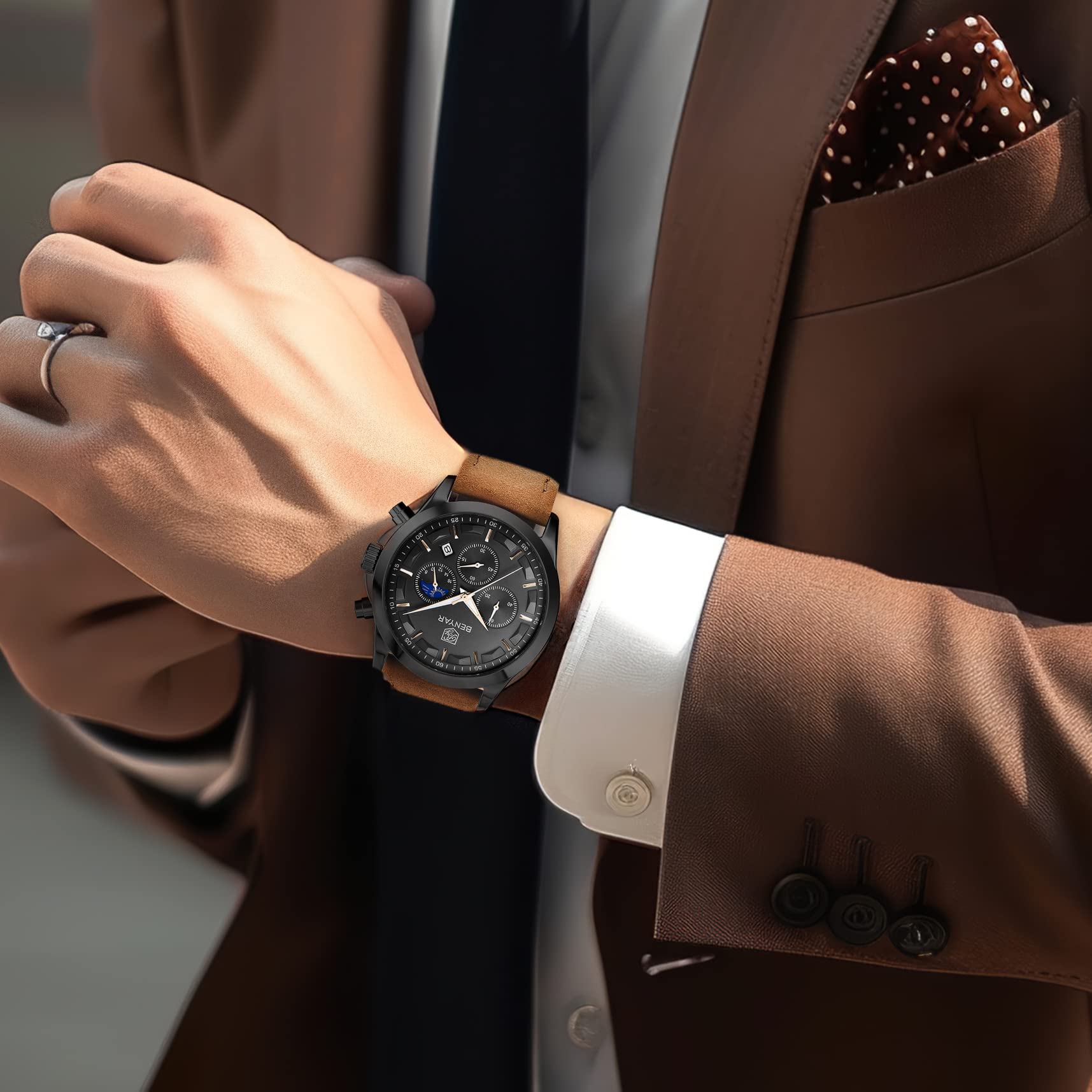 Foto 4 pulgar | Reloj By Benyar Chronograph Waterproof Para Hombre En Piel Marrón - Venta Internacional.
