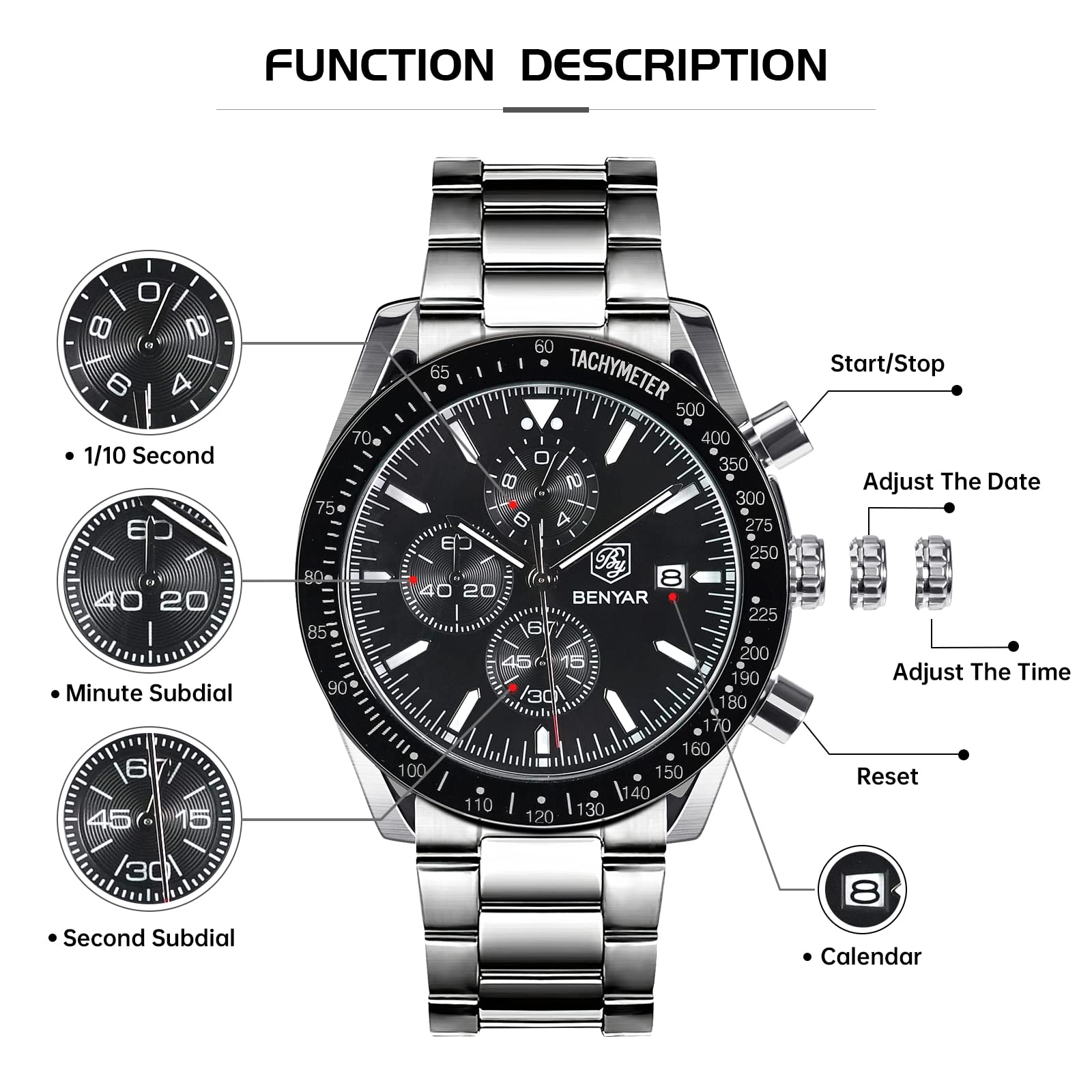 Foto 6 pulgar | Reloj By Benyar Chronograph Analog Quartz Para Hombre De Acero Inoxidable - Venta Internacional.