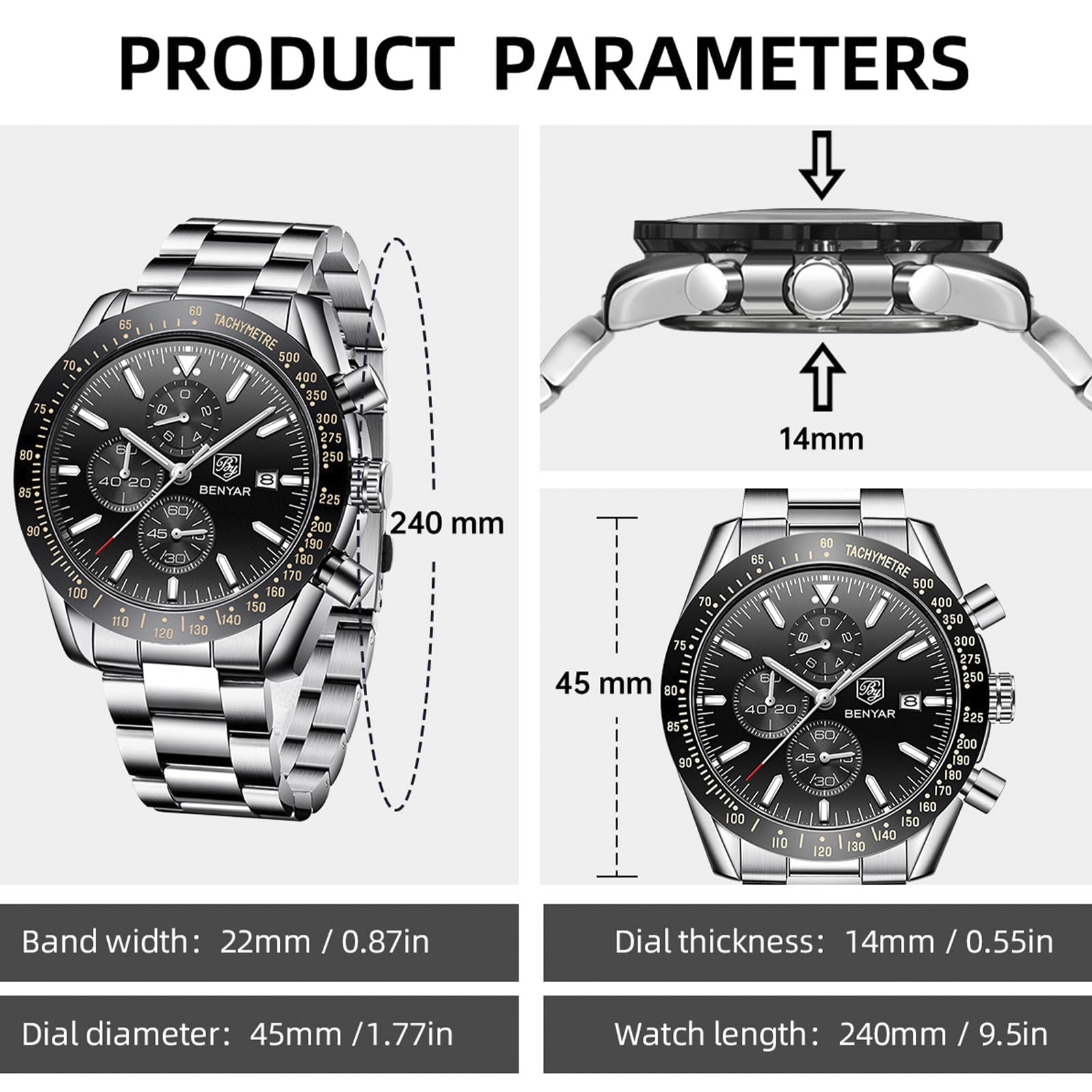 Foto 7 pulgar | Reloj By Benyar Chronograph Analog Quartz Para Hombre De Acero Inoxidable - Venta Internacional.
