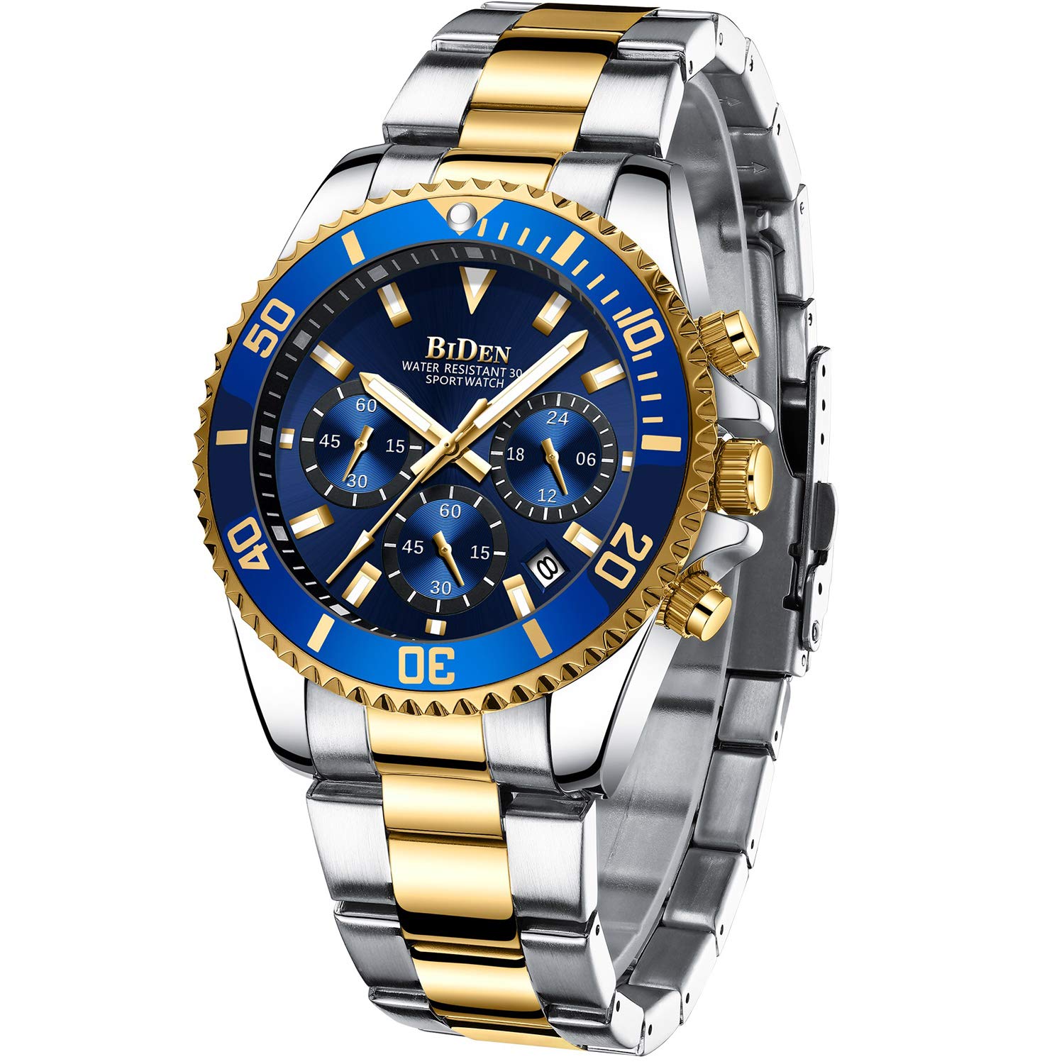 Reloj Biden Chronograph Oro Azul Acero Inoxidable Para Hombre - Venta Internacional.