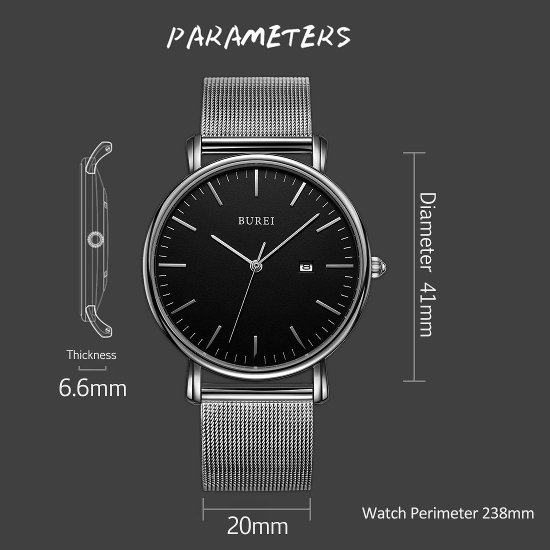 Foto 4 | Reloj Burei Fashion Minimalista Con Fecha Analógica De Acero Inoxidable - Venta Internacional.