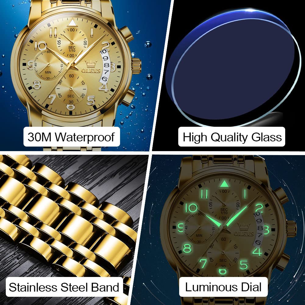 Foto 5 | Reloj Olevs Gold Para Hombre De Acero Inoxidable Resistente Al Agua - Venta Internacional.