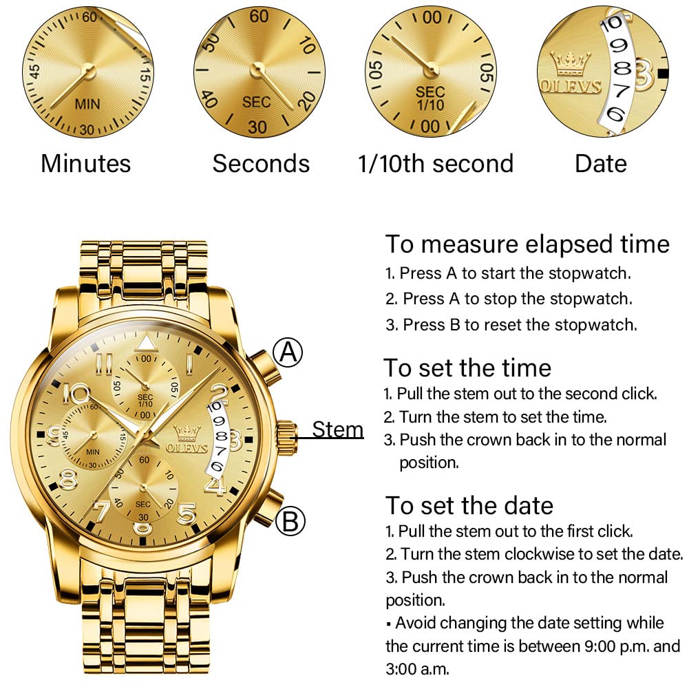 Foto 7 pulgar | Reloj Olevs Gold Para Hombre De Acero Inoxidable Resistente Al Agua - Venta Internacional.