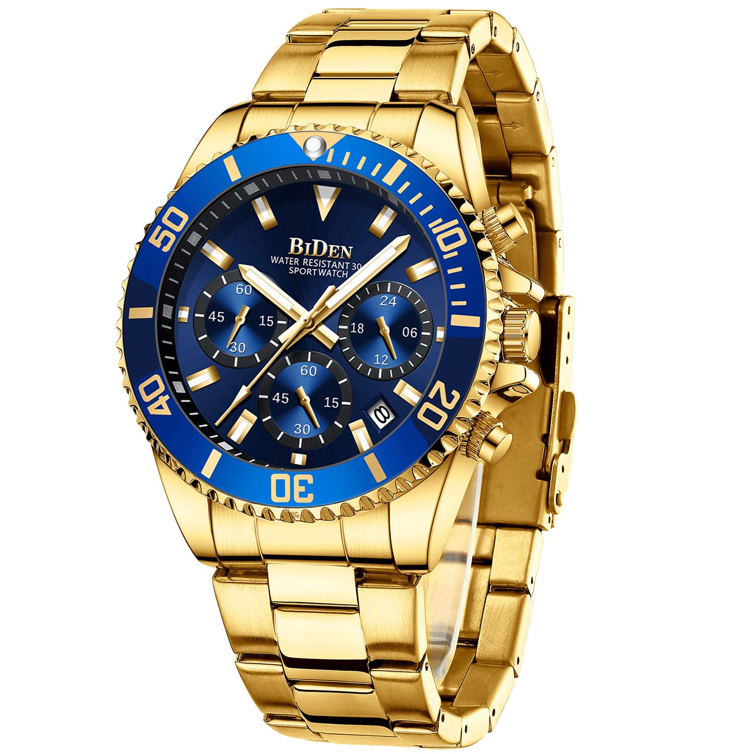 Reloj Biden Chronograph Oro Azul Acero Inoxidable Para Hombre - Venta Internacional.