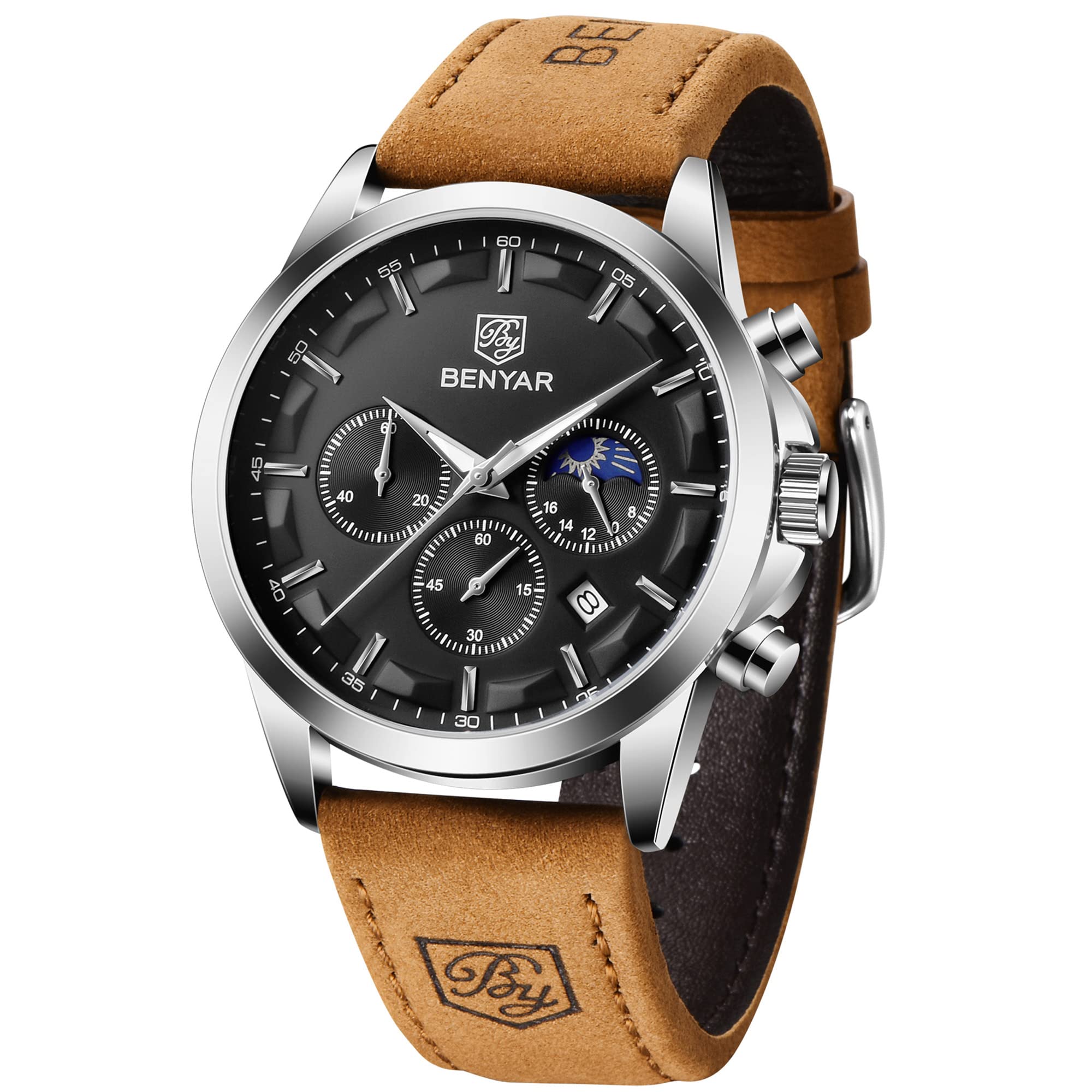 Reloj By Benyar Chronograph Waterproof Para Hombre En Piel Marrón - Venta Internacional.