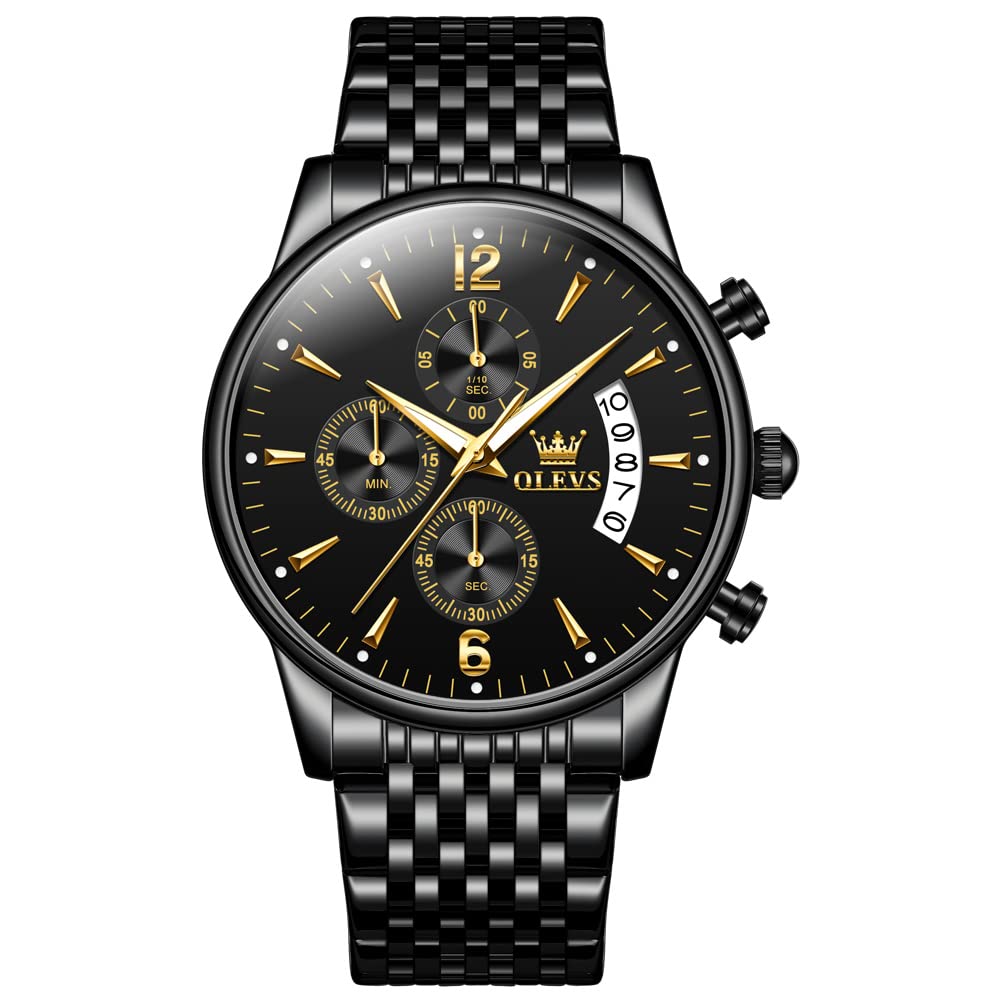 Reloj Olevs Chronograph Con Esfera De Oro Negro Y Acero Inoxidable - Venta Internacional.