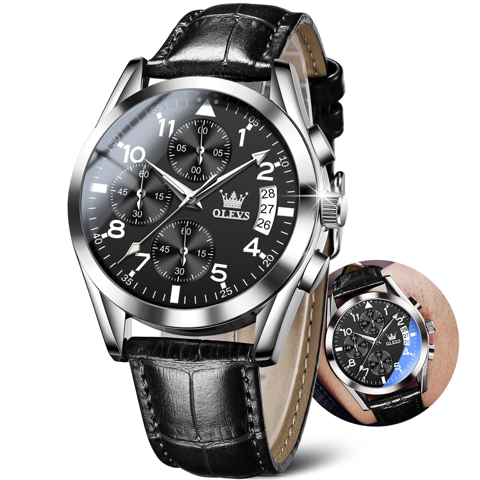 Reloj Olevs Con Correa De Cuero Negro, Cronógrafo Para Hombre, Resistente Al Agua - Venta Internacional.