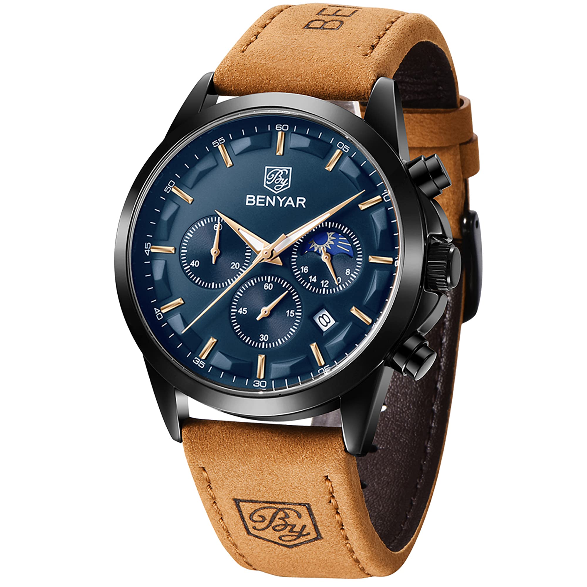 Reloj By Benyar Chronograph Waterproof Para Hombre En Piel Marrón - Venta Internacional.