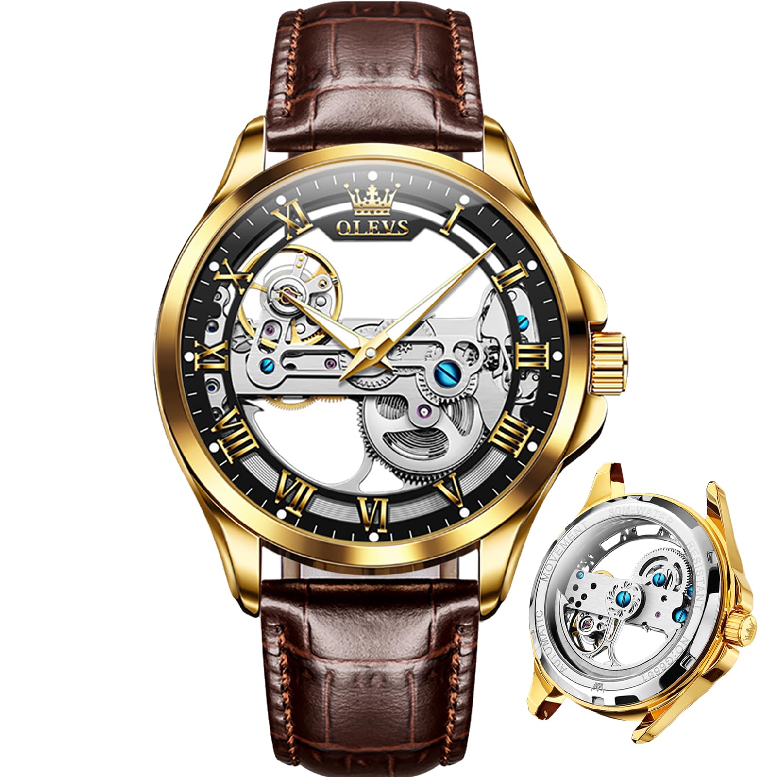 Reloj Olevs Gold Black Skeleton Tourbillon Impermeable para Hombre - Venta Internacional