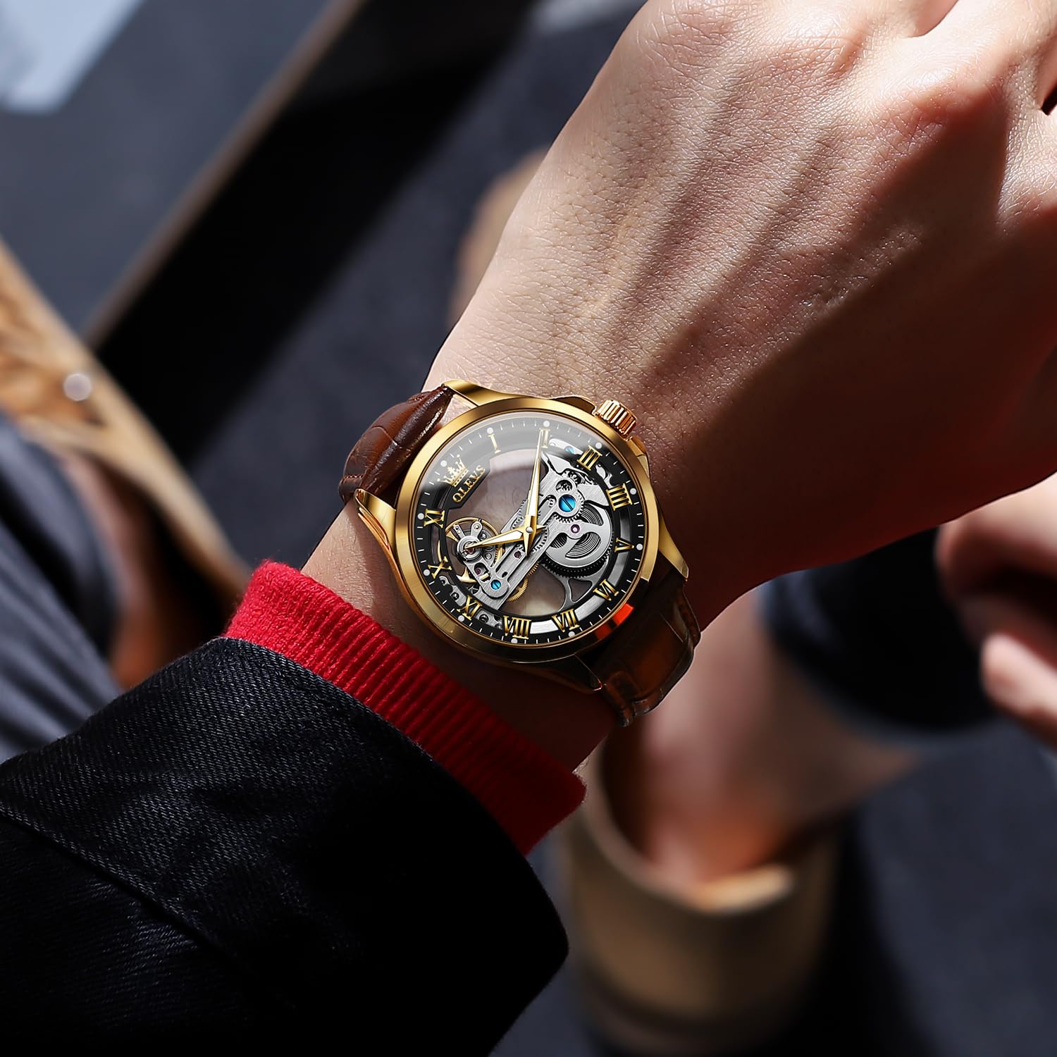 Foto 5 pulgar | Reloj Olevs Gold Black Skeleton Tourbillon Impermeable para Hombre - Venta Internacional