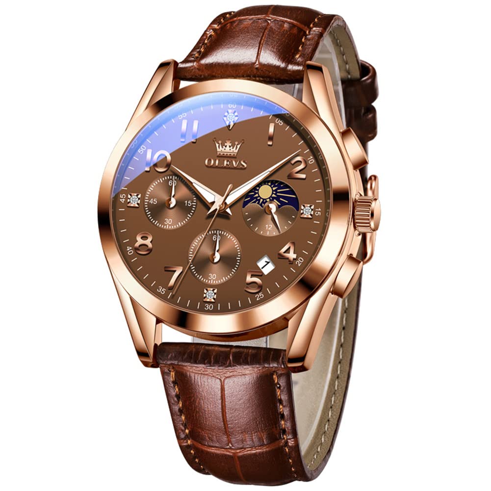 Foto 2 pulgar | Reloj Olevs Con Correa De Cuero Marrón Para Hombre, Oro Rosa Y Cuarzo - Venta Internacional.