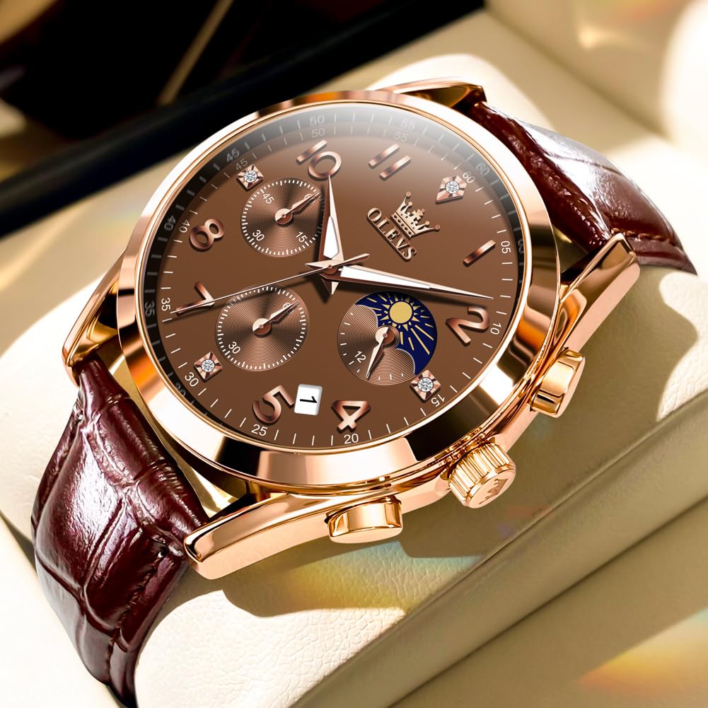 Foto 3 pulgar | Reloj Olevs Con Correa De Cuero Marrón Para Hombre, Oro Rosa Y Cuarzo - Venta Internacional.