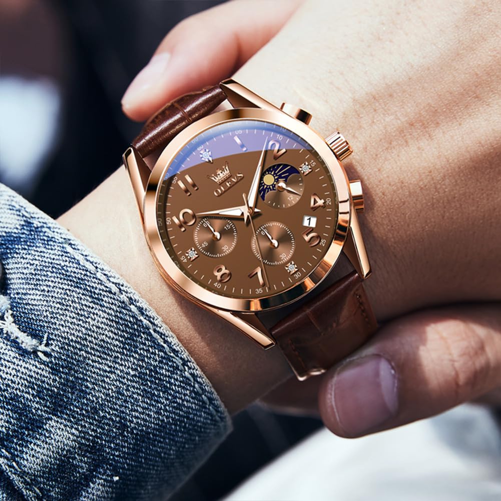 Foto 4 pulgar | Reloj Olevs Con Correa De Cuero Marrón Para Hombre, Oro Rosa Y Cuarzo - Venta Internacional.