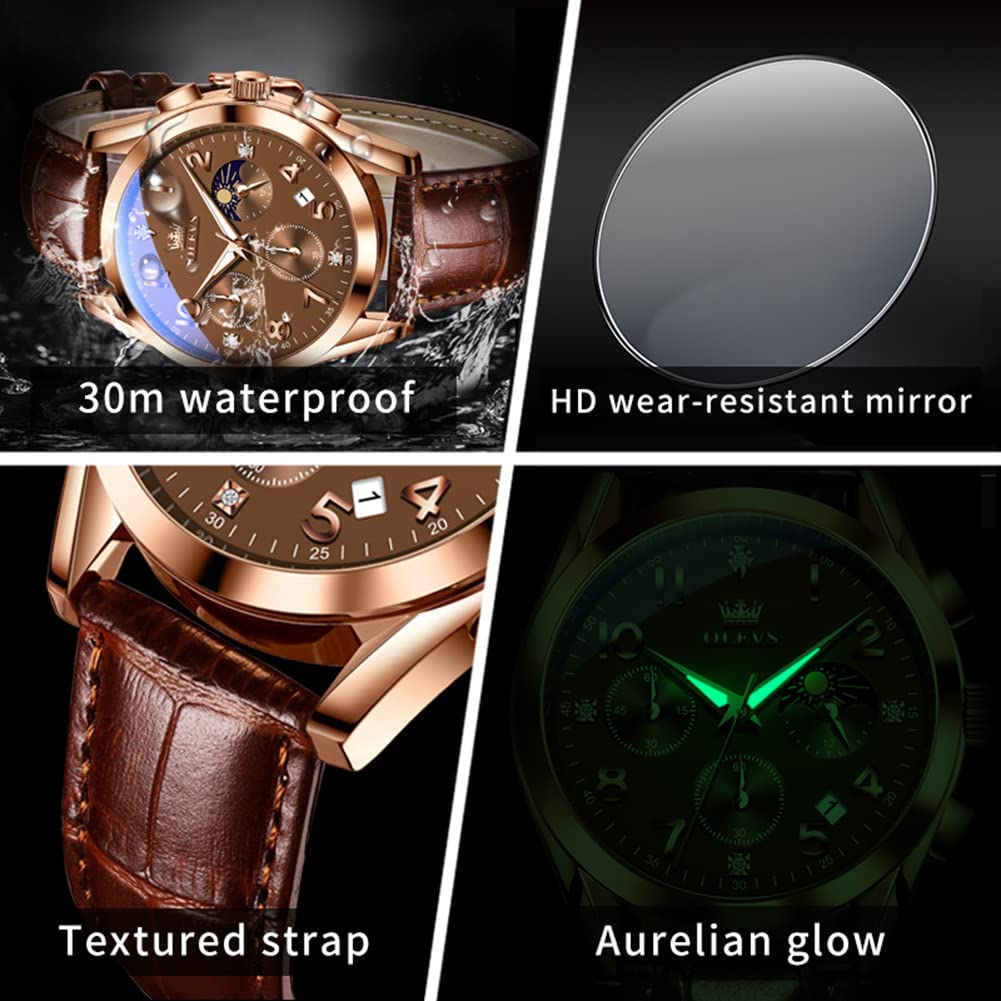 Foto 5 pulgar | Reloj Olevs Con Correa De Cuero Marrón Para Hombre, Oro Rosa Y Cuarzo - Venta Internacional.