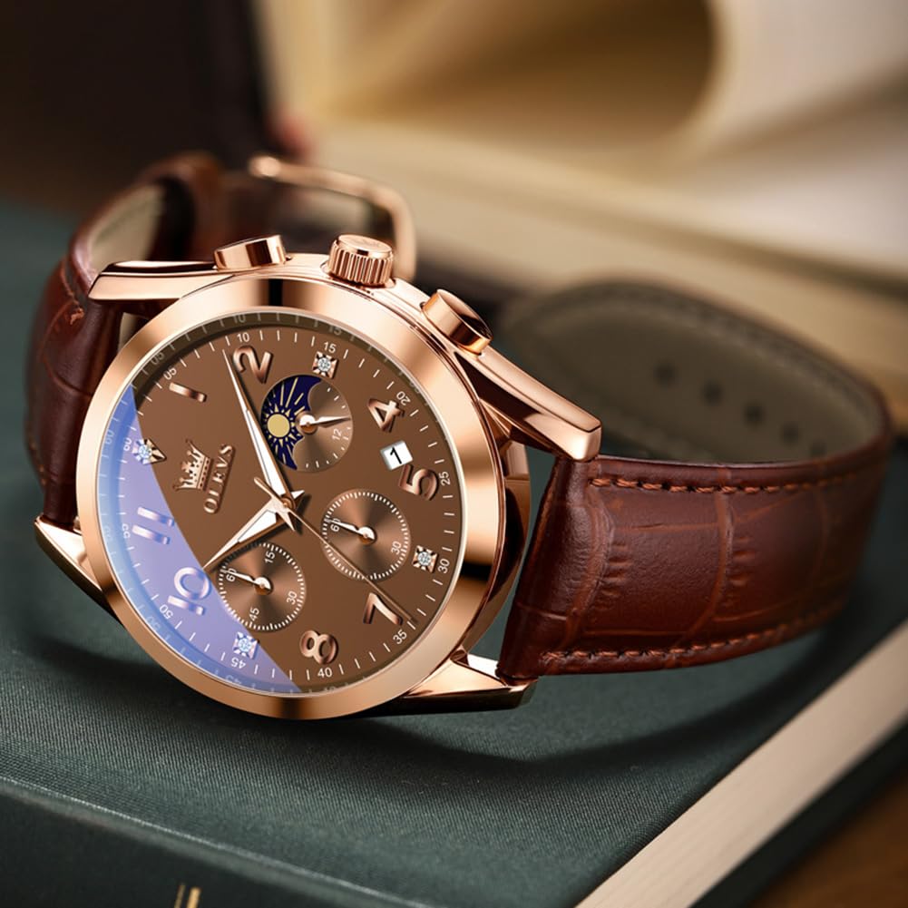 Foto 6 pulgar | Reloj Olevs Con Correa De Cuero Marrón Para Hombre, Oro Rosa Y Cuarzo - Venta Internacional.
