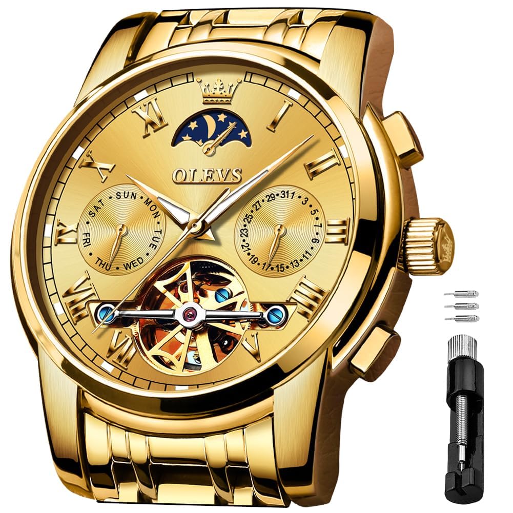 Reloj Olevs Gold Automatic Mechanical Moon Phase Para Hombre - Venta Internacional.