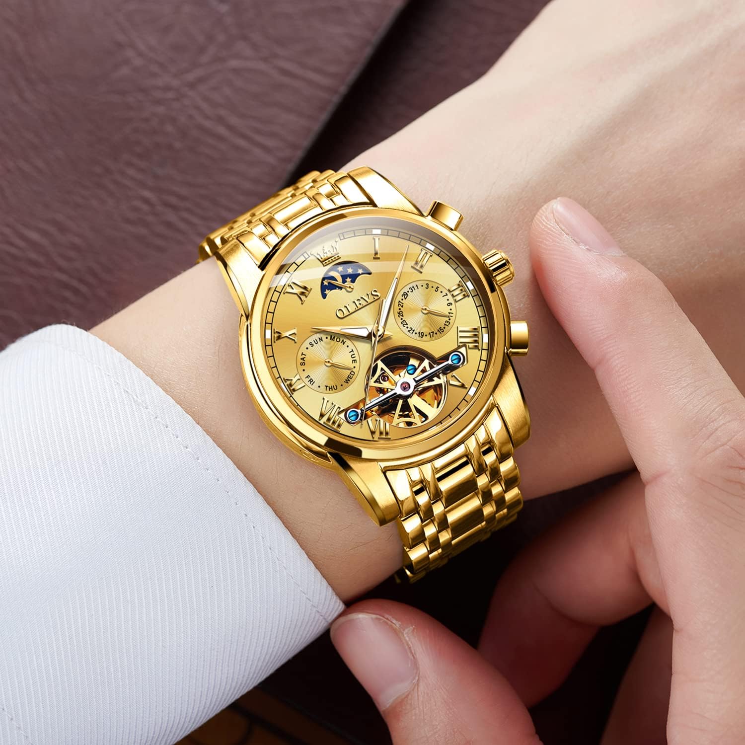 Foto 3 pulgar | Reloj Olevs Gold Automatic Mechanical Moon Phase Para Hombre - Venta Internacional.