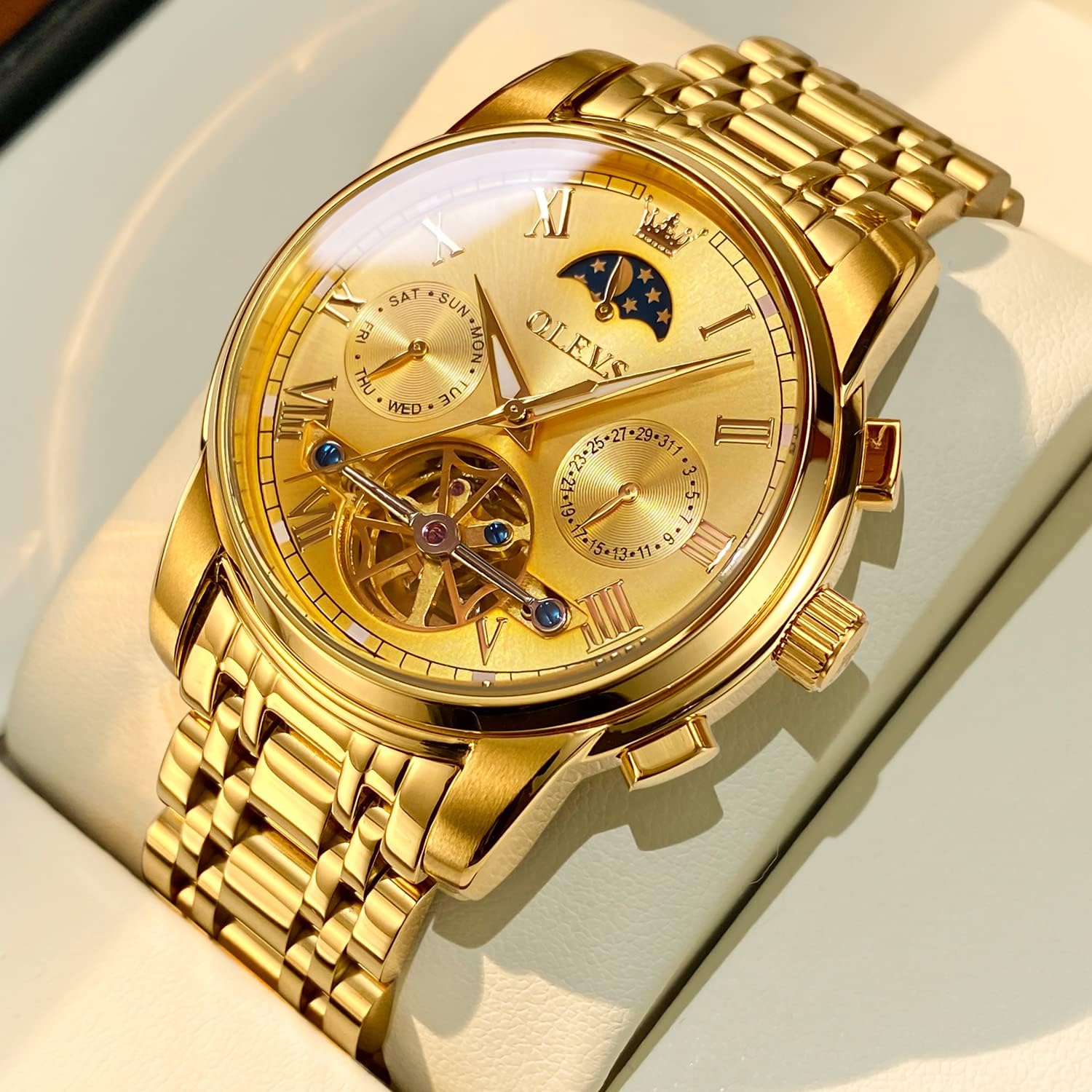 Foto 4 pulgar | Reloj Olevs Gold Automatic Mechanical Moon Phase Para Hombre - Venta Internacional.