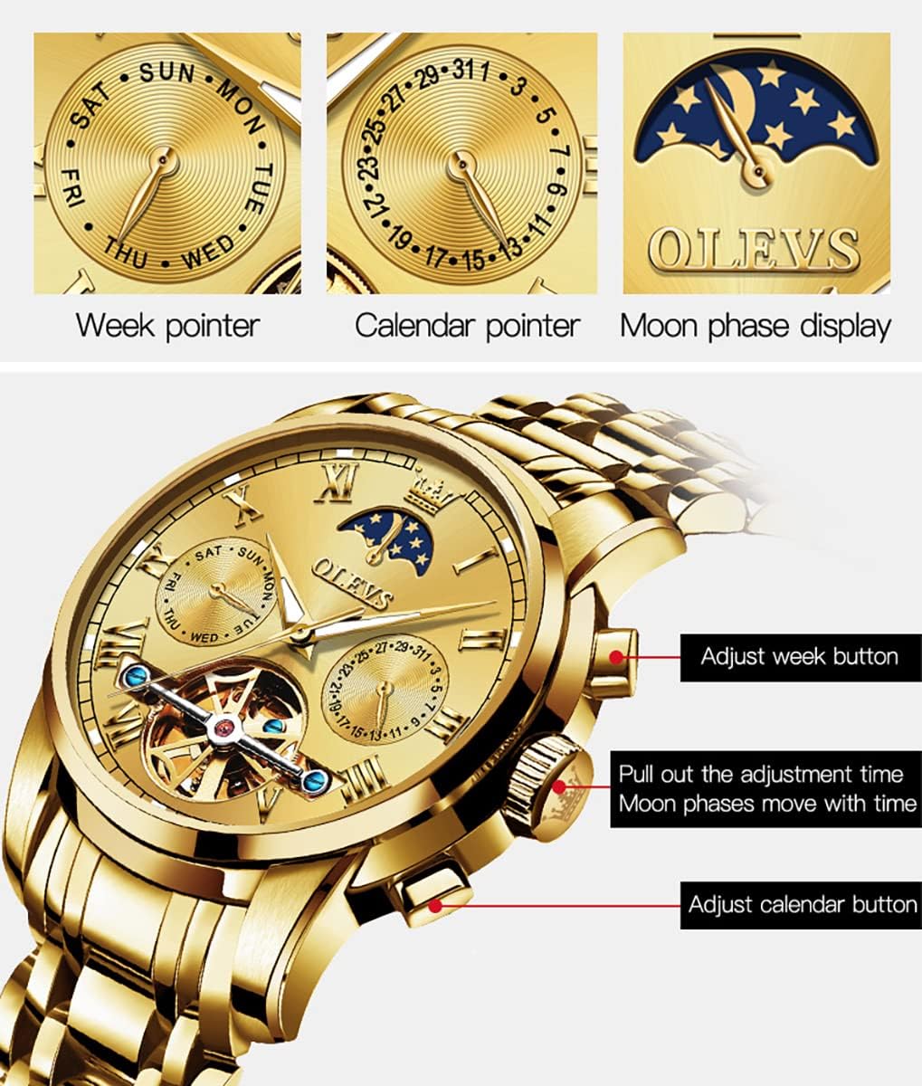 Foto 7 pulgar | Reloj Olevs Gold Automatic Mechanical Moon Phase Para Hombre - Venta Internacional.