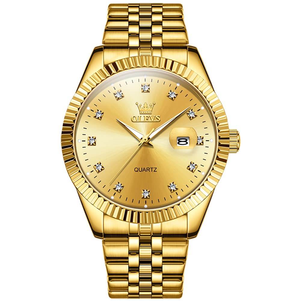 Reloj Olevs Gold Para Hombre Con Esfera De Diamante Y Fecha De Acero Inoxidable - Venta Internacional.