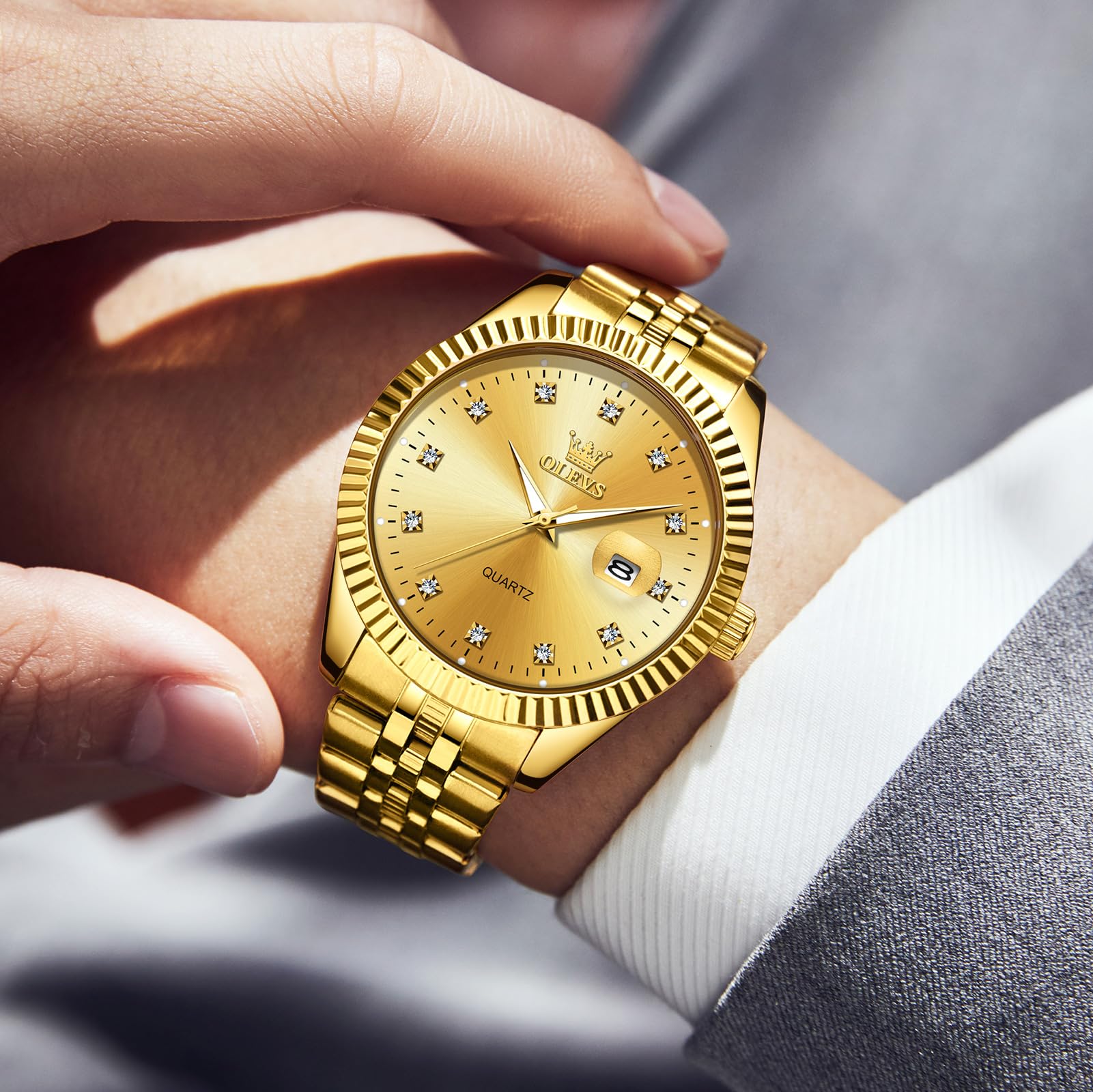 Foto 3 pulgar | Reloj Olevs Gold Para Hombre Con Esfera De Diamante Y Fecha De Acero Inoxidable - Venta Internacional.