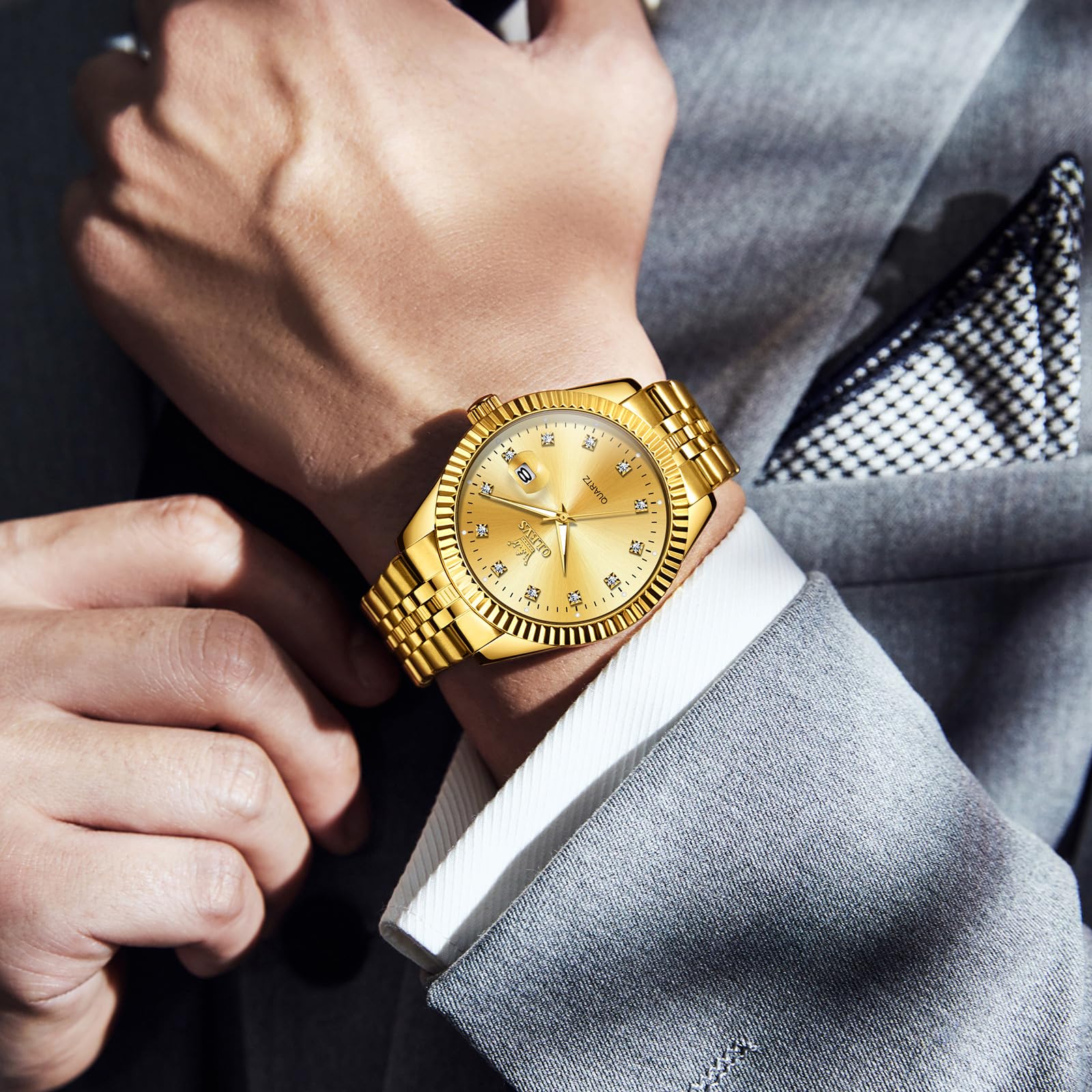 Foto 4 pulgar | Reloj Olevs Gold Para Hombre Con Esfera De Diamante Y Fecha De Acero Inoxidable - Venta Internacional.