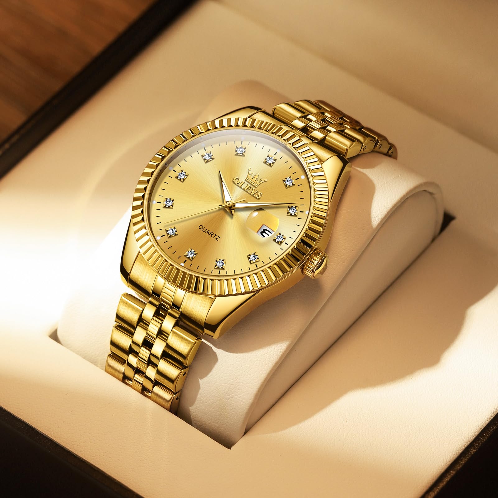 Foto 5 pulgar | Reloj Olevs Gold Para Hombre Con Esfera De Diamante Y Fecha De Acero Inoxidable - Venta Internacional.