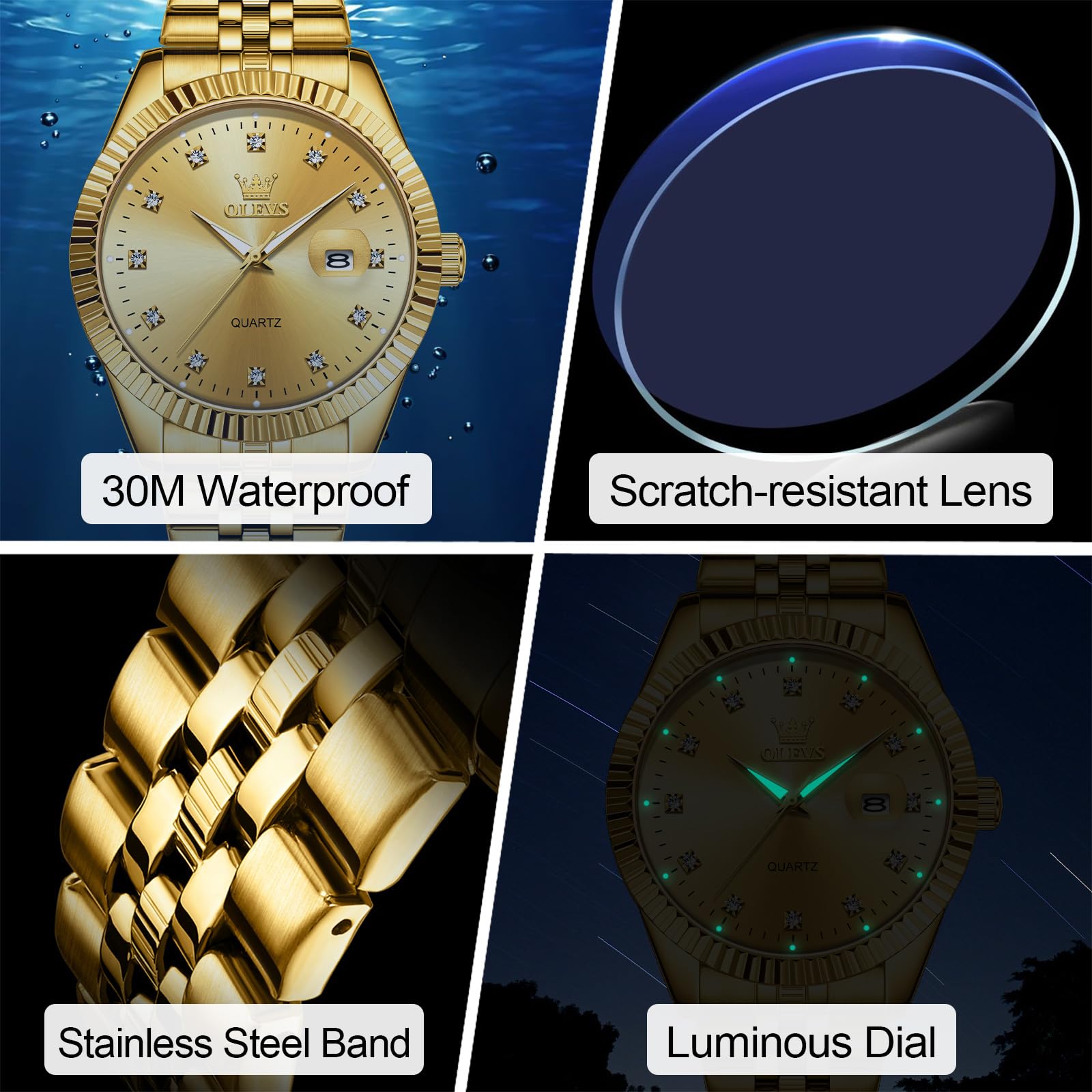 Foto 6 pulgar | Reloj Olevs Gold Para Hombre Con Esfera De Diamante Y Fecha De Acero Inoxidable - Venta Internacional.