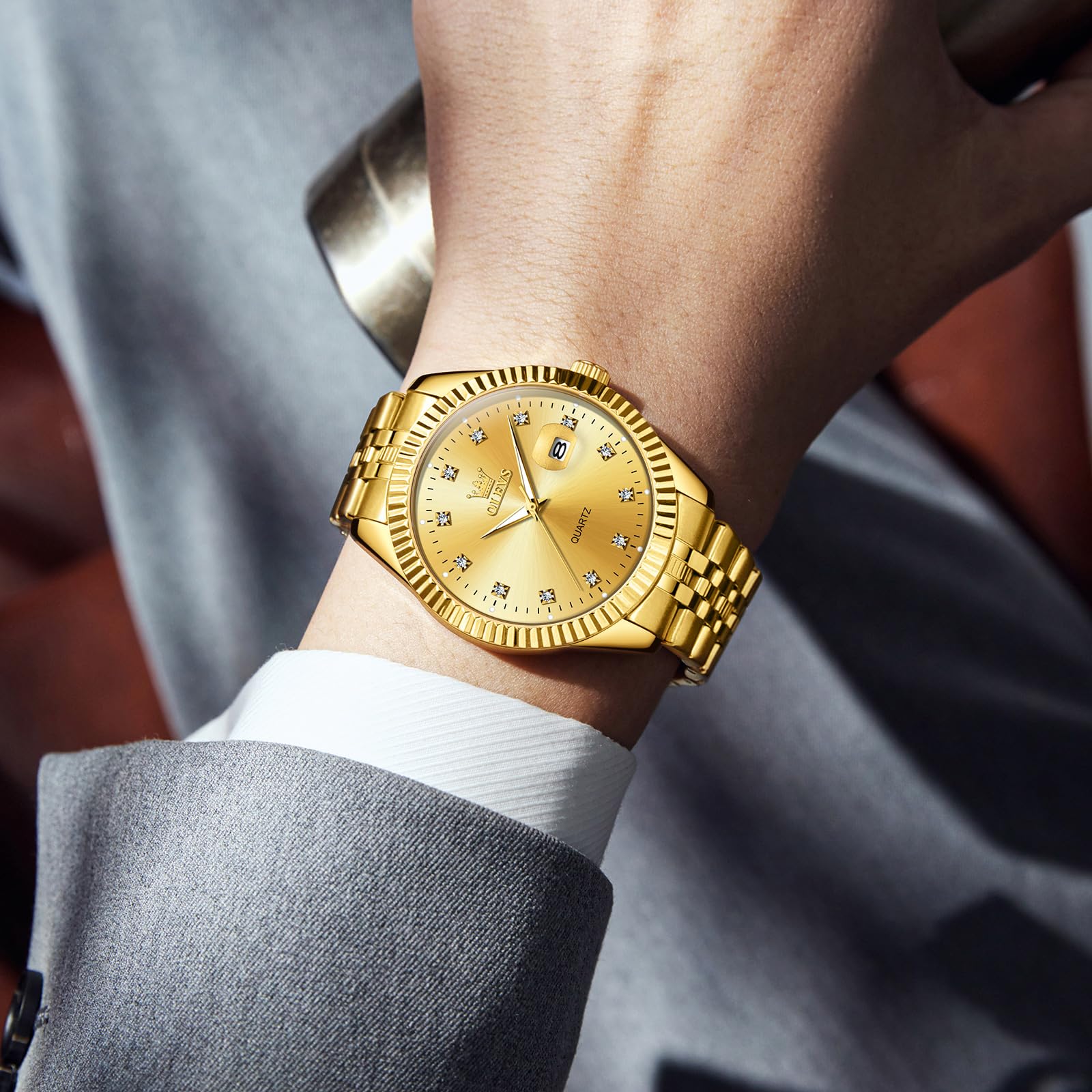 Foto 8 pulgar | Reloj Olevs Gold Para Hombre Con Esfera De Diamante Y Fecha De Acero Inoxidable - Venta Internacional.