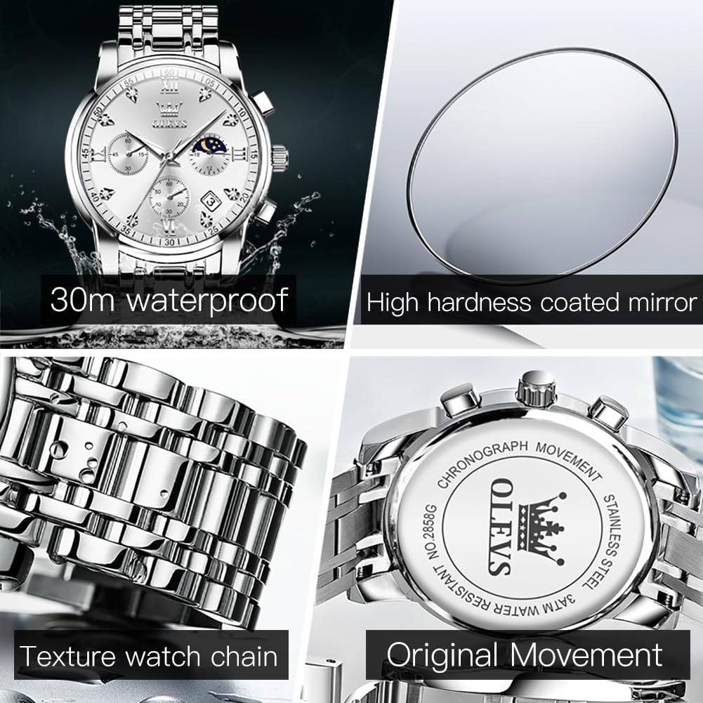 Foto 6 pulgar | Reloj Olevs Para Hombre De Acero Inoxidable Plateado Resistente Al Agua 30 M - Venta Internacional.