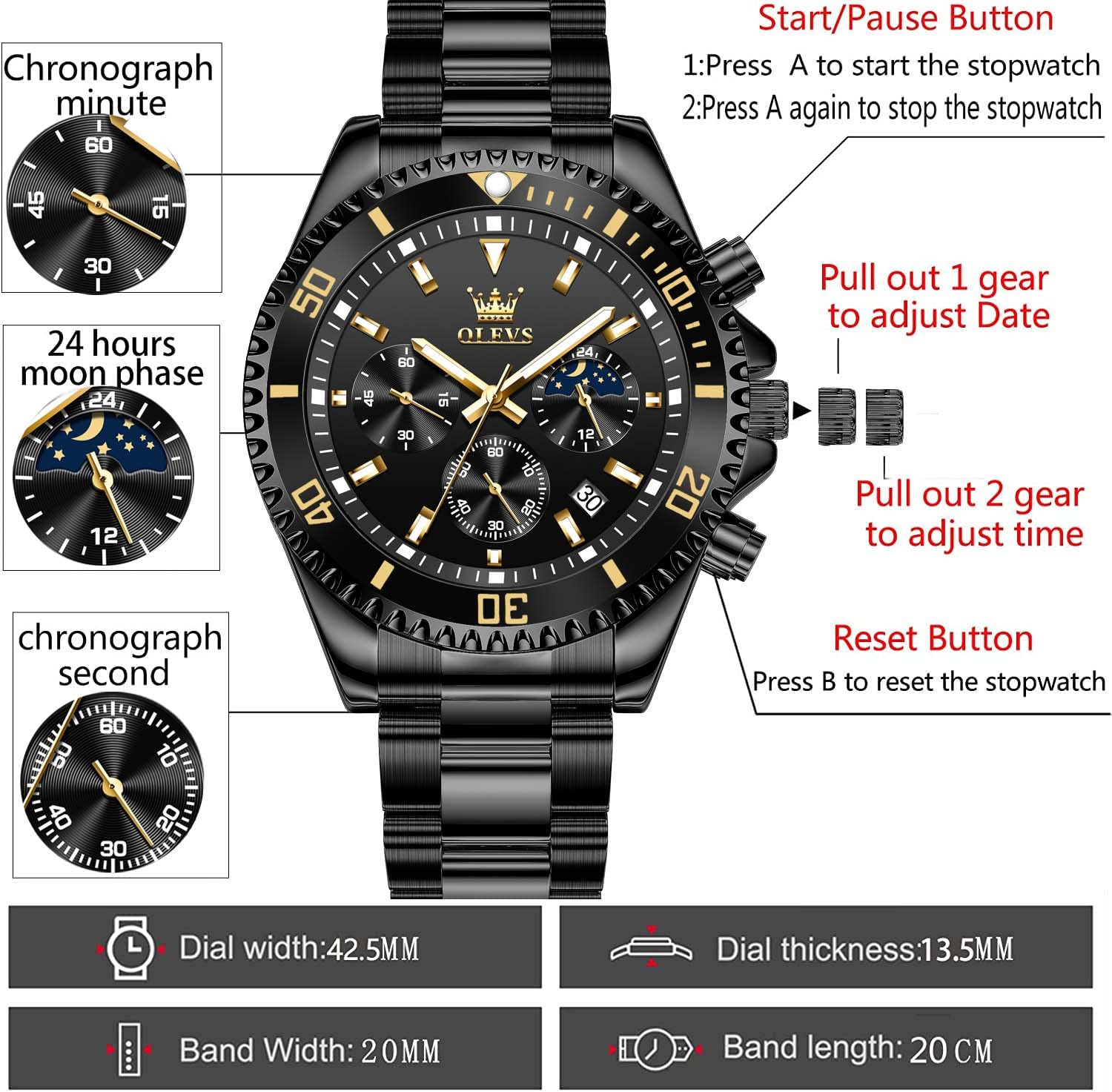 Foto 6 | Reloj Olevs Negro De Acero Inoxidable Con Esfera Grande Para Hombre - Venta Internacional.