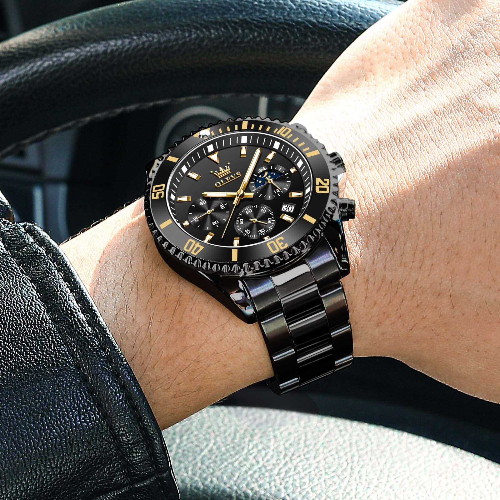 Foto 8 pulgar | Reloj Olevs Negro De Acero Inoxidable Con Esfera Grande Para Hombre - Venta Internacional.