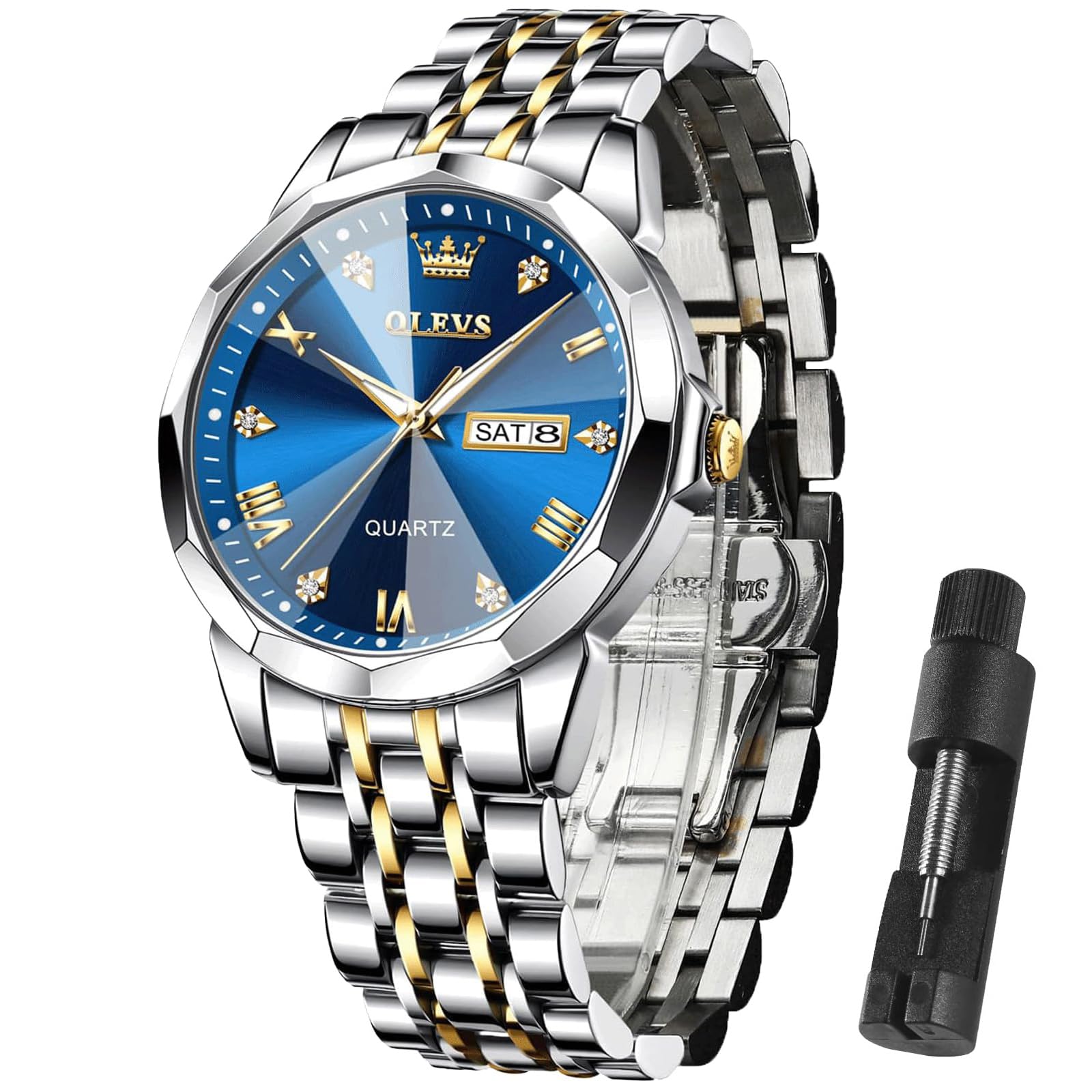 Foto 2 pulgar | Reloj Olevs De Acero Inoxidable Azul Y Dorado Resistente Al Agua - Venta Internacional.