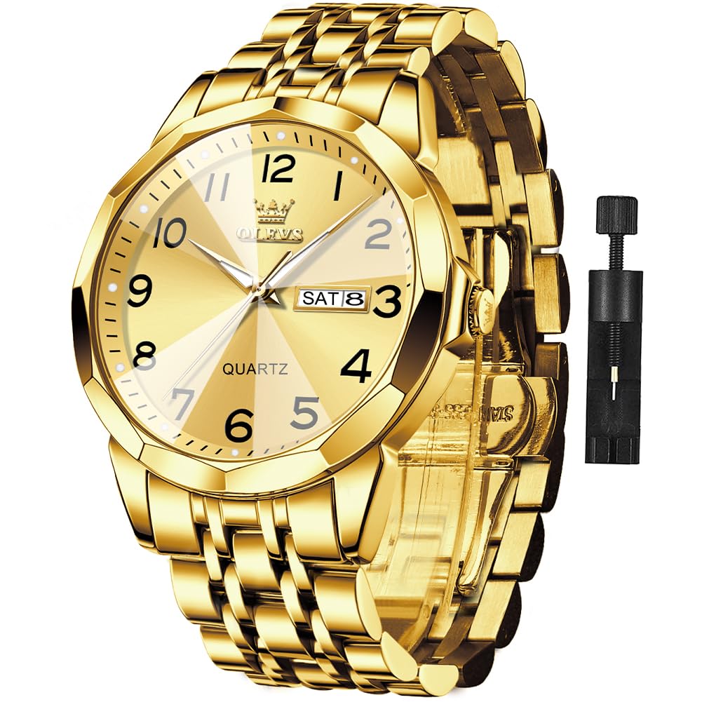 Foto 2 pulgar | Reloj De Pulsera Olevs Para Hombre, Vestido De Negocios Dorado, Acero Inoxidable - Venta Internacional.
