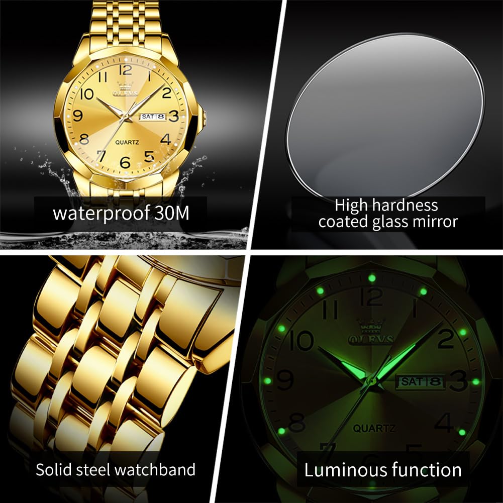 Foto 5 pulgar | Reloj De Pulsera Olevs Para Hombre, Vestido De Negocios Dorado, Acero Inoxidable - Venta Internacional.