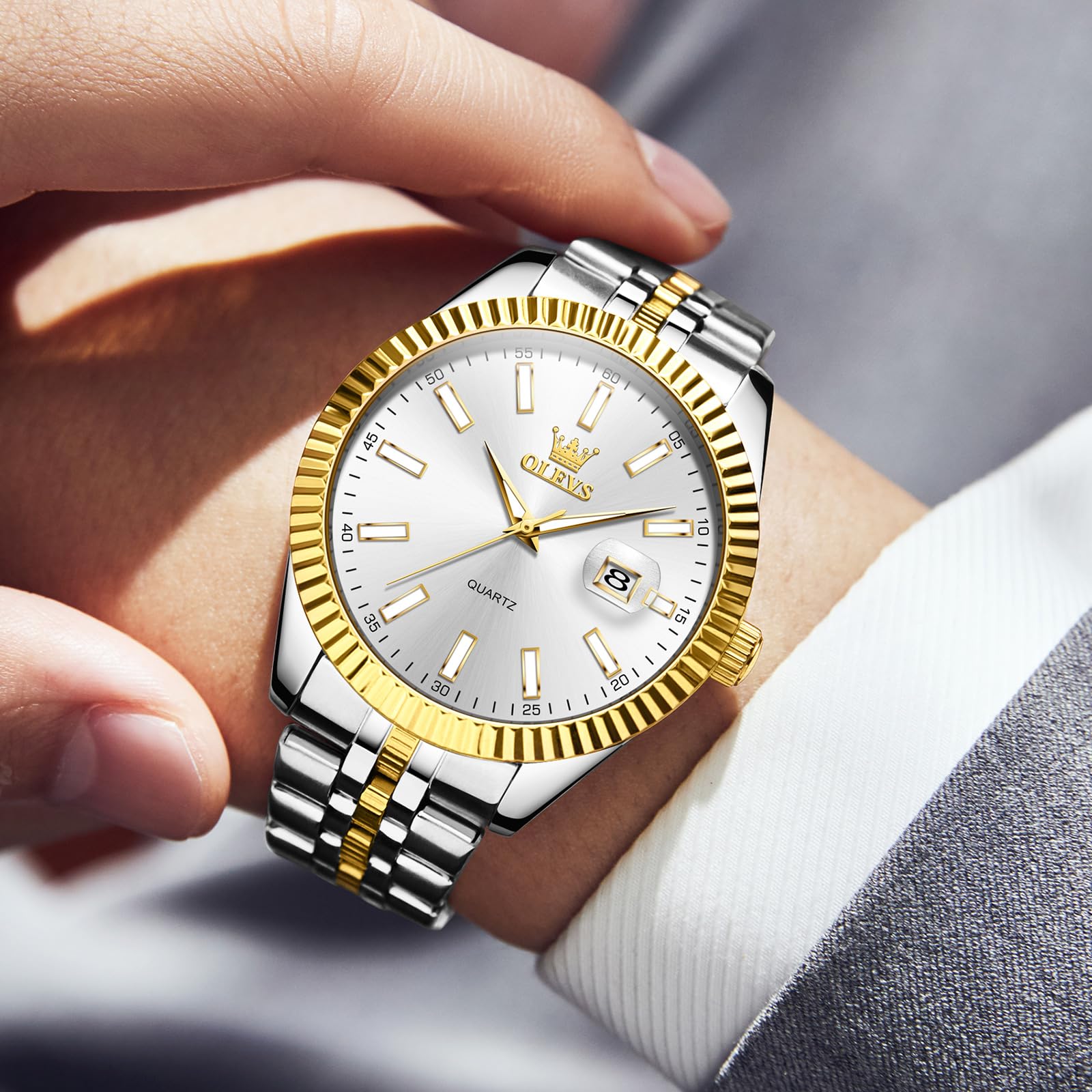 Foto 3 pulgar | Reloj Olevs De Acero Inoxidable En Oro Blanco Para Hombre Con Calendario - Venta Internacional.