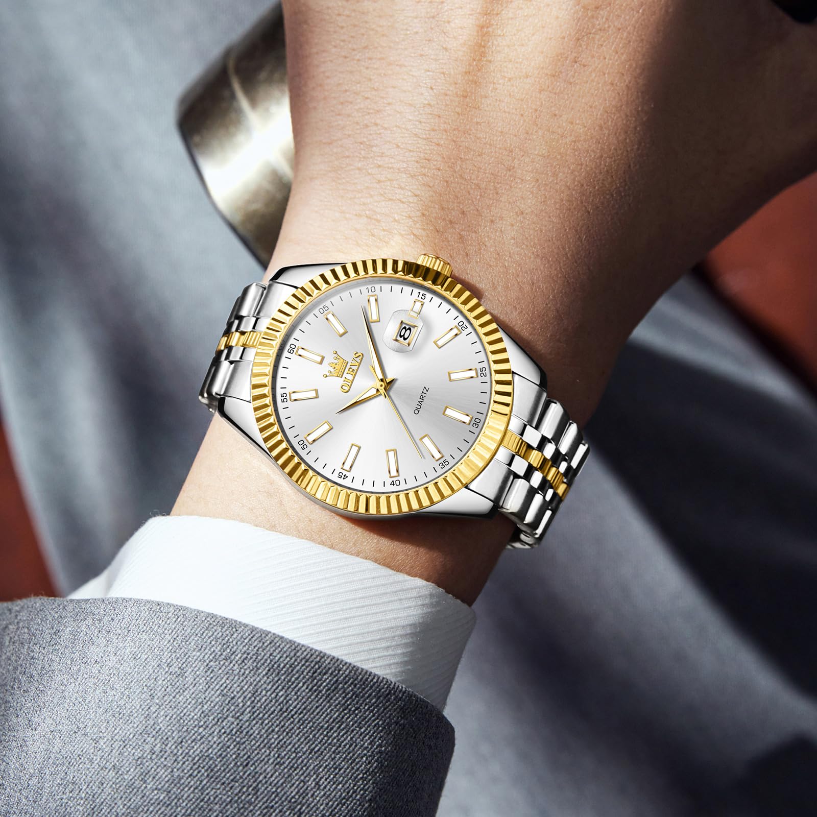 Foto 4 pulgar | Reloj Olevs De Acero Inoxidable En Oro Blanco Para Hombre Con Calendario - Venta Internacional.