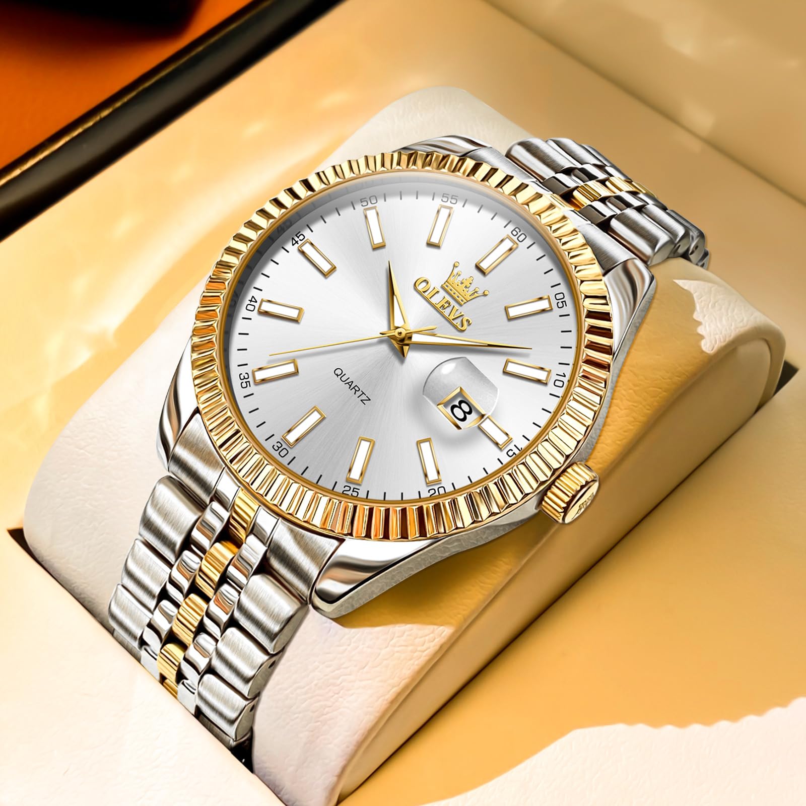 Foto 5 pulgar | Reloj Olevs De Acero Inoxidable En Oro Blanco Para Hombre Con Calendario - Venta Internacional.