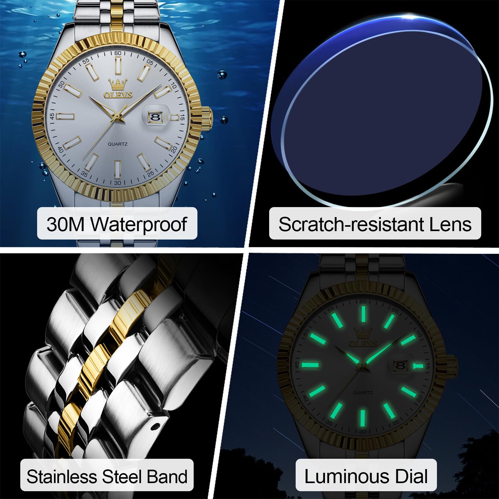 Foto 6 pulgar | Reloj Olevs De Acero Inoxidable En Oro Blanco Para Hombre Con Calendario - Venta Internacional.