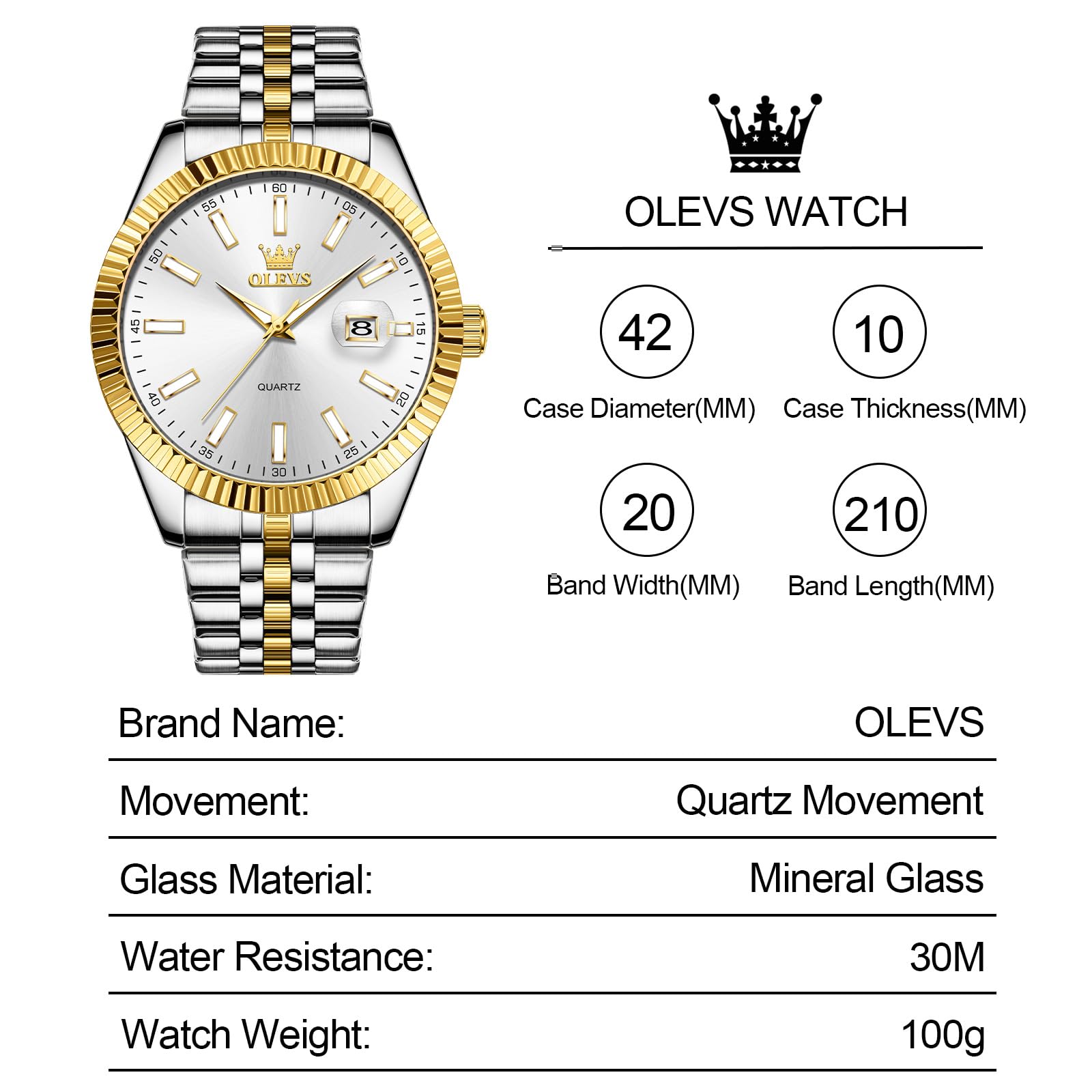 Foto 7 pulgar | Reloj Olevs De Acero Inoxidable En Oro Blanco Para Hombre Con Calendario - Venta Internacional.